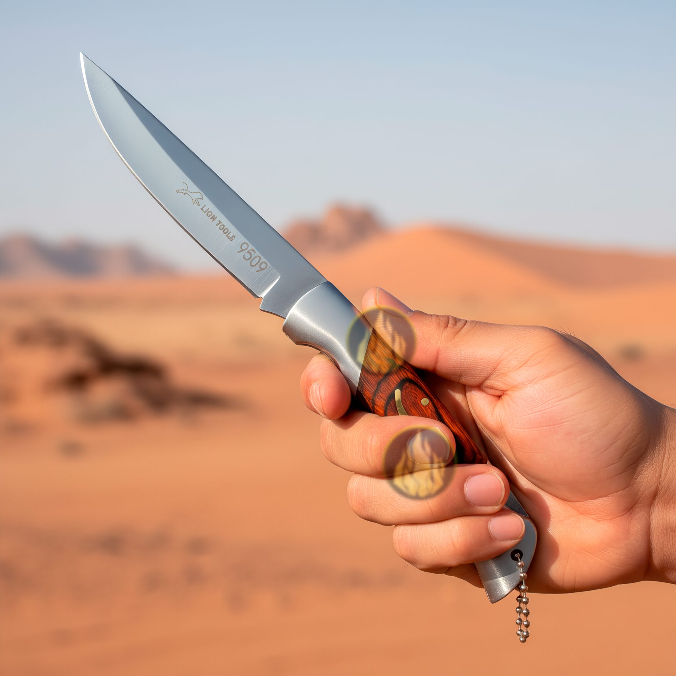 Navaja Cachas De Madera sujetando la navaja en el desierto Lion Tools modelo 9509 con hoja afilada para actividades al aire libre