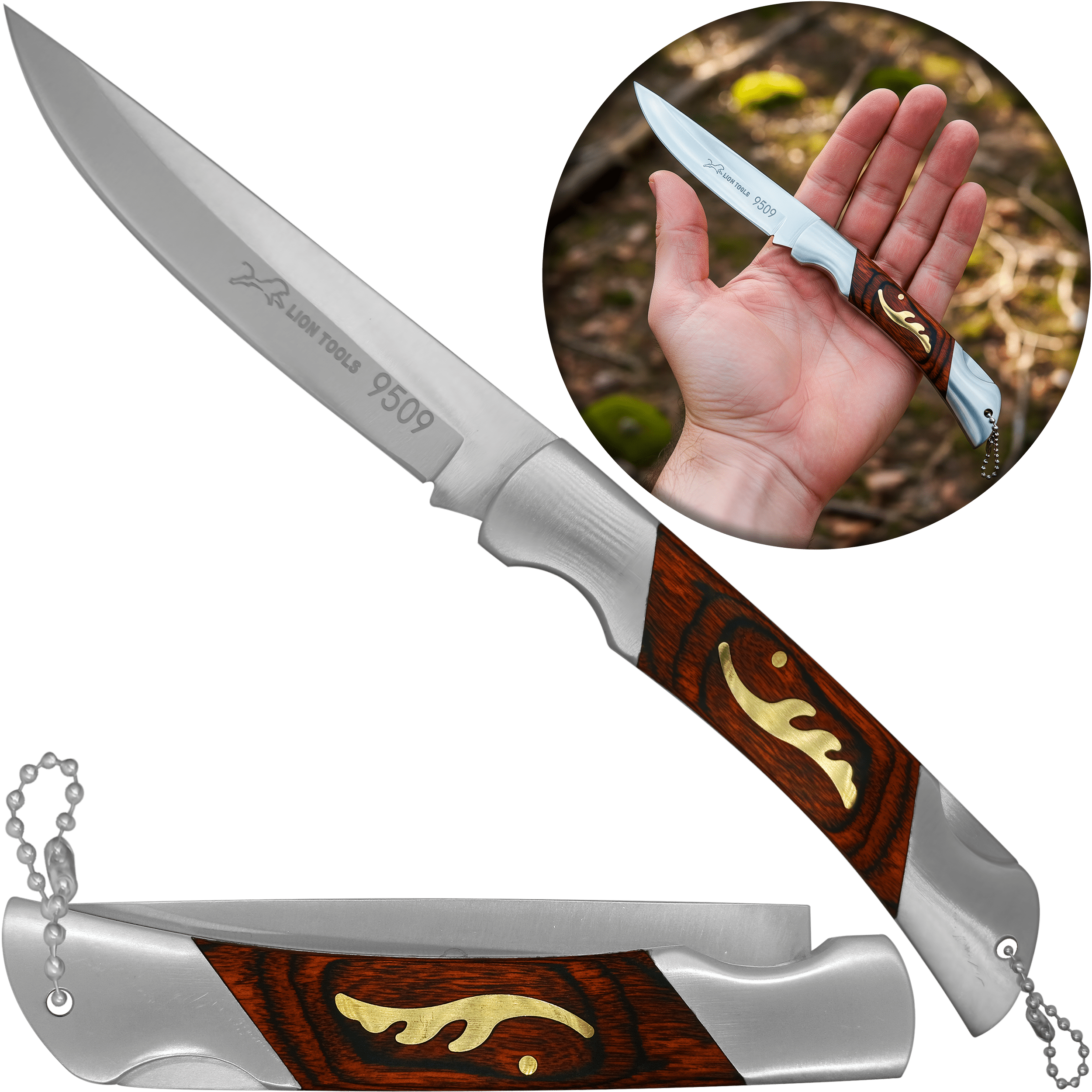 Navaja Cachas De Madera portada Lion Tools modelo 9509 con hoja afilada para actividades al aire libre