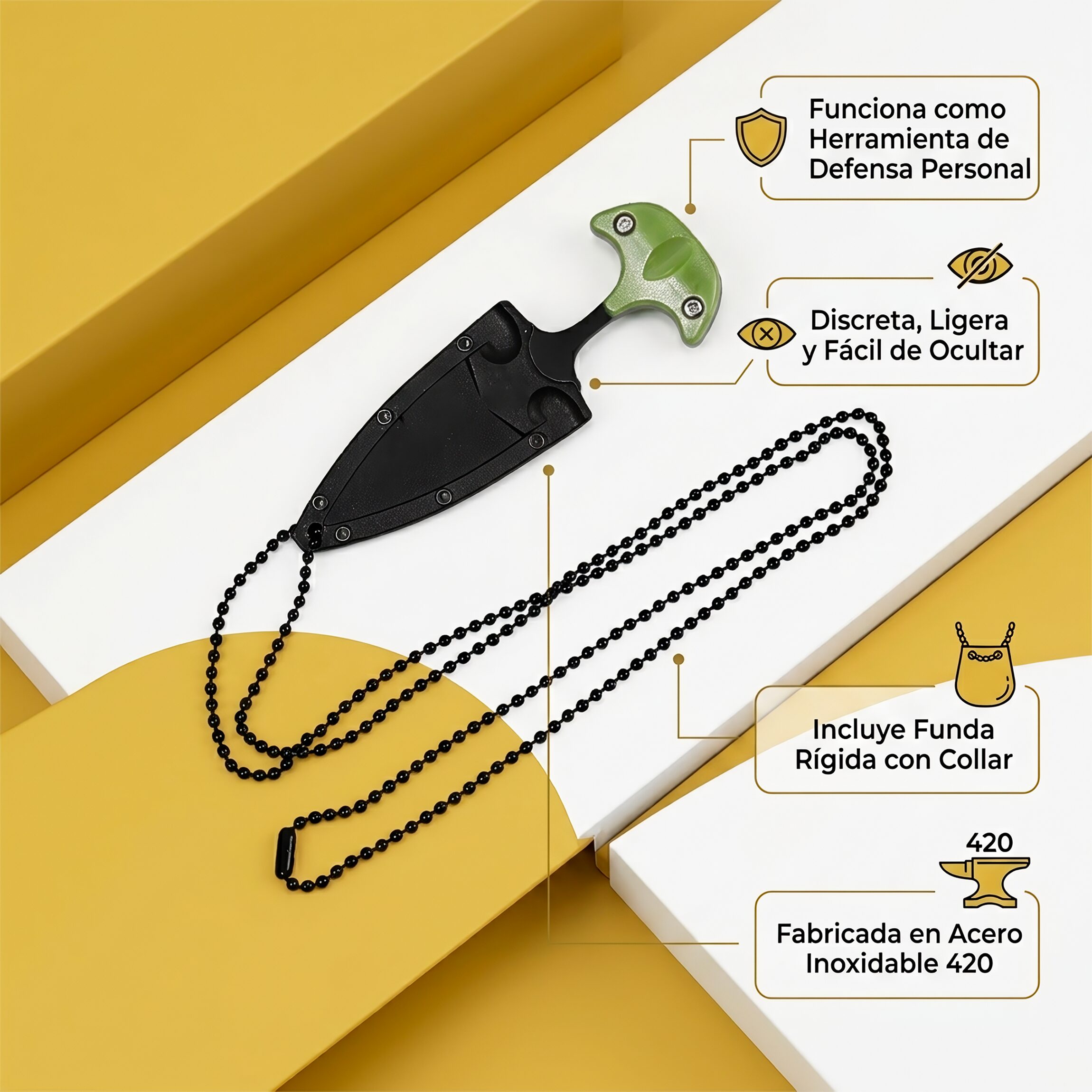 Navaja Cuchillo Collar Lion Tools verde militar con hoja de acero inoxidable 420 y funda rígida tipo collar 9591 Especificaciones