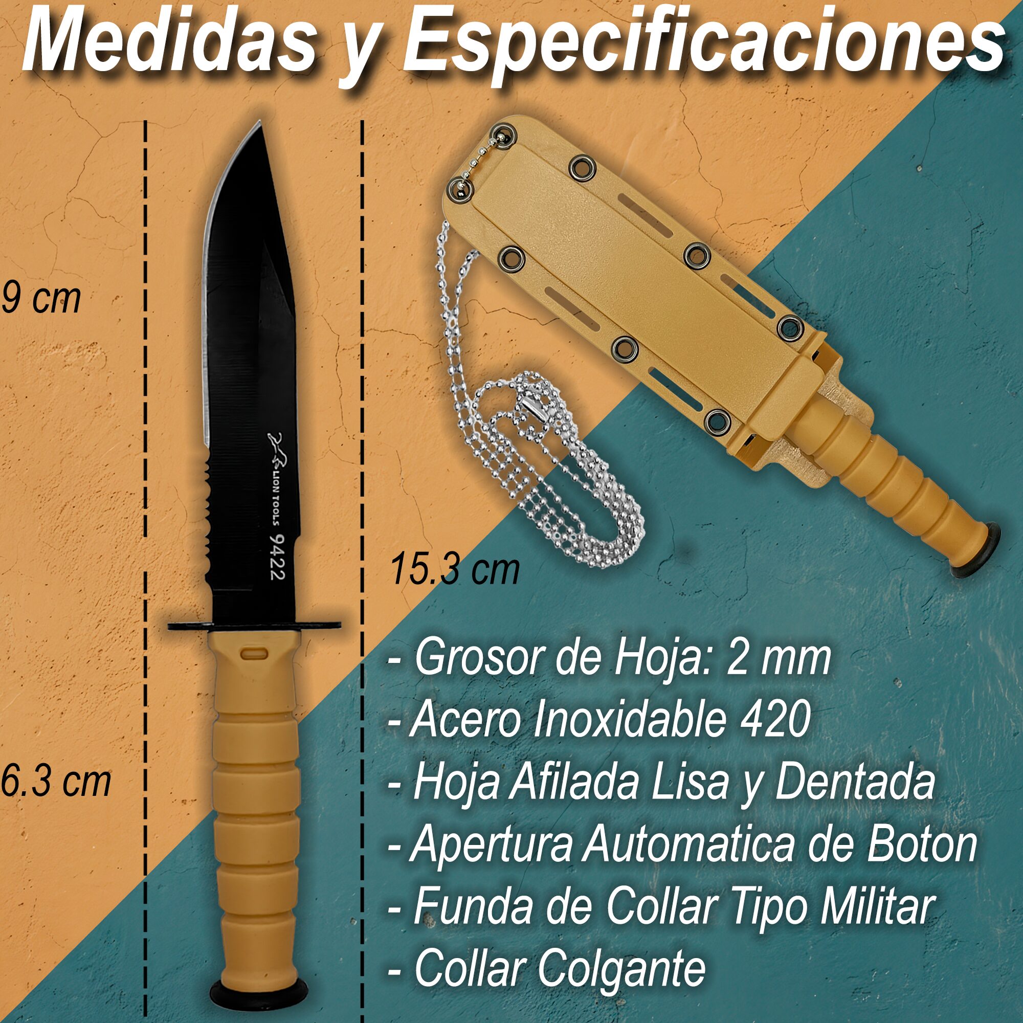 Navaja Cuchillo Mini Daga Oculta Medidas Lion Tools de acero inoxidable 420 con funda tipo collar militar 9422