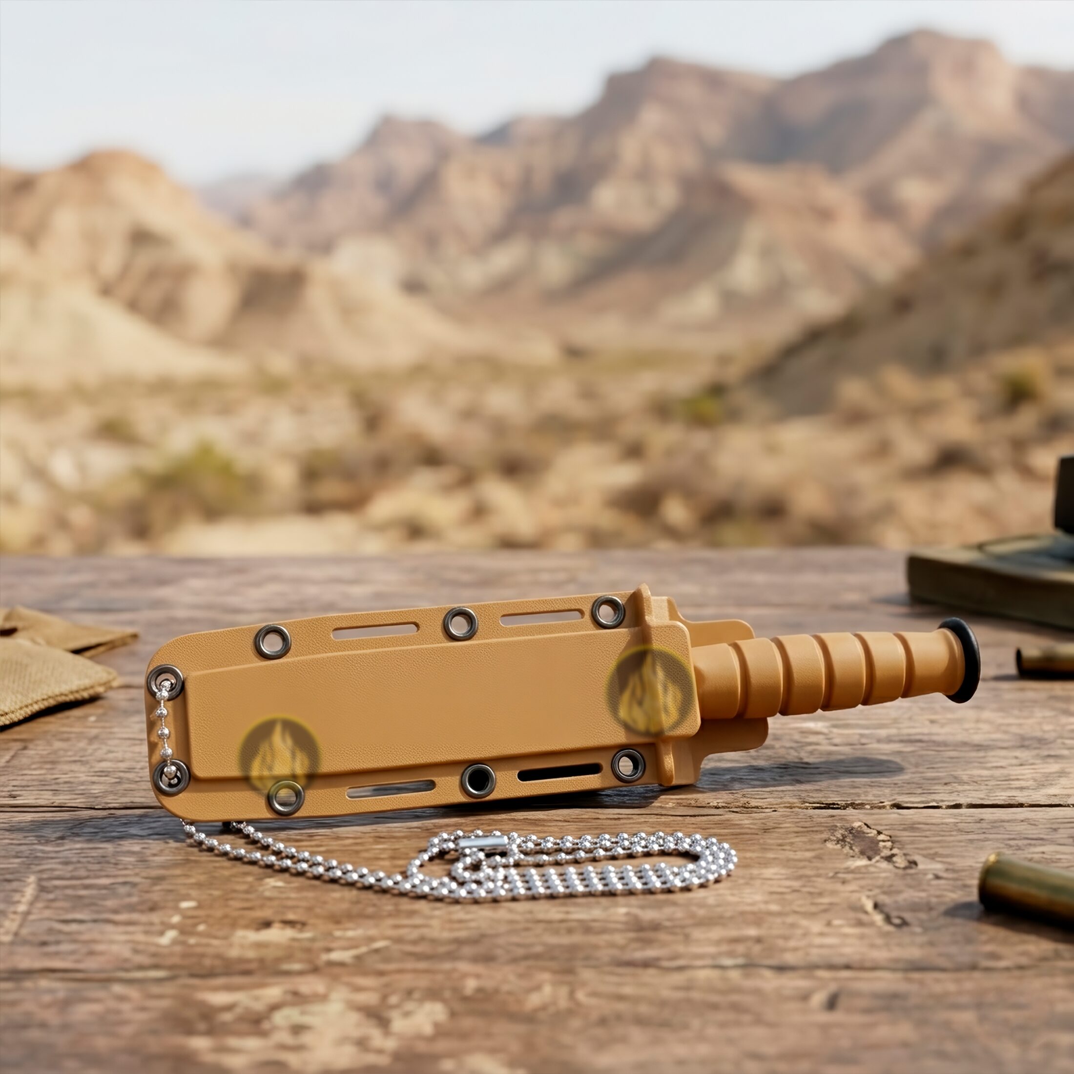 Navaja Cuchillo Mini Daga Oculta sobre una mesa de madera Lion Tools de acero inoxidable 420 con funda tipo collar militar 9422