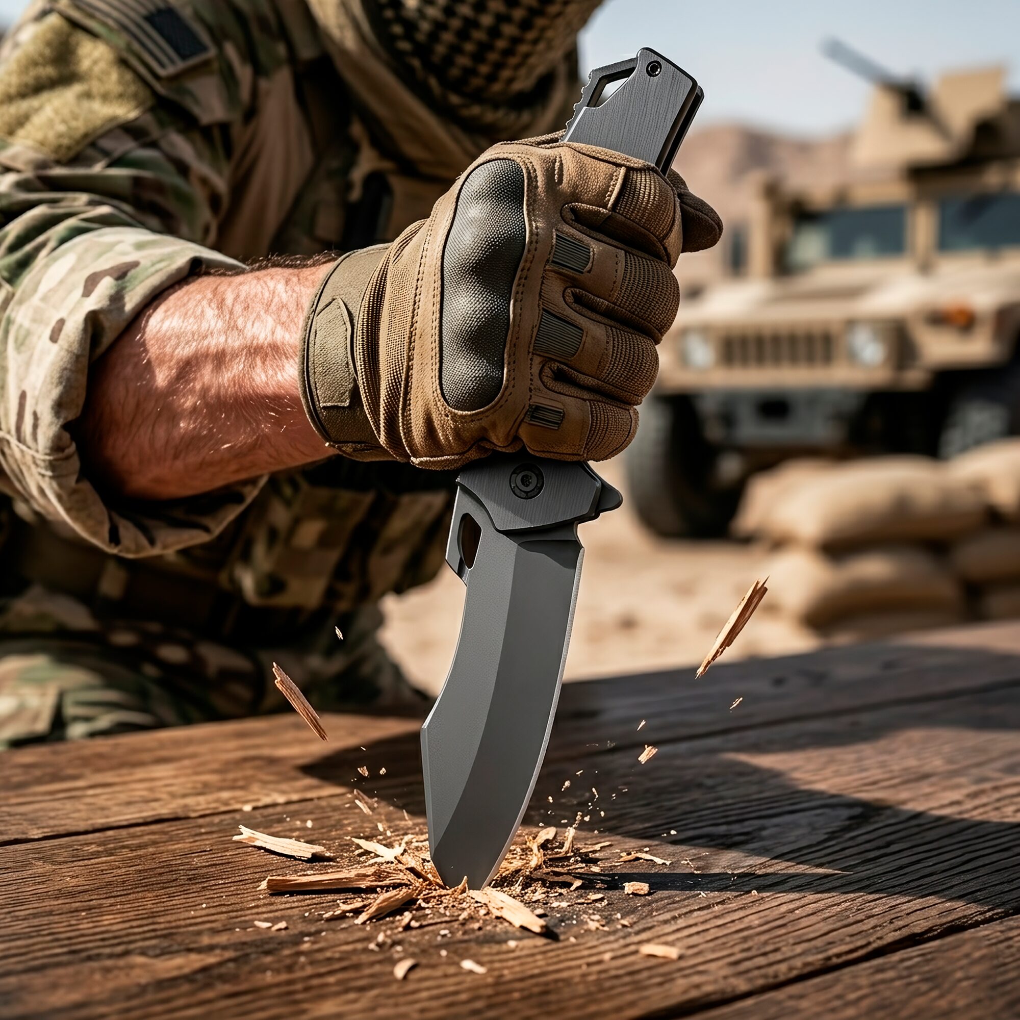 Navaja De Titanio Automatica encajada en una mesa Razor Tactical acero titanio cromado uso rudo