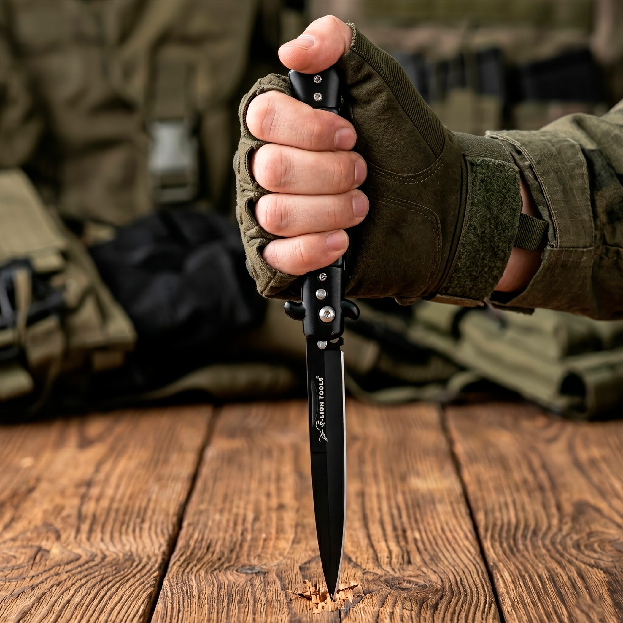 Navaja Stiletto Clásica Automática Lion Tools con apertura de botón y hoja de acero inoxidable 440 7084