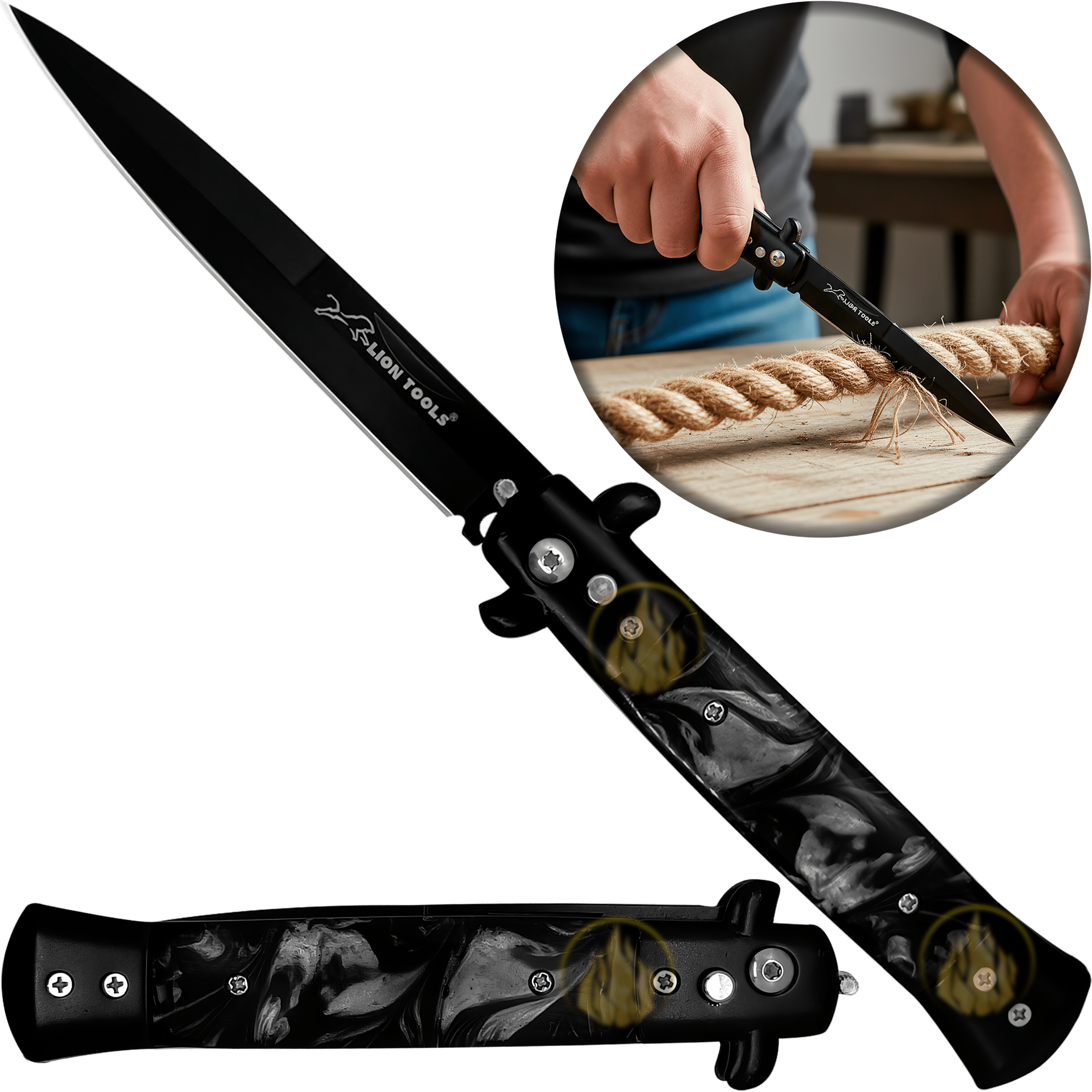 Navaja Stiletto Clásica Automática Lion Tools con apertura de botón y hoja de acero inoxidable 440 7084