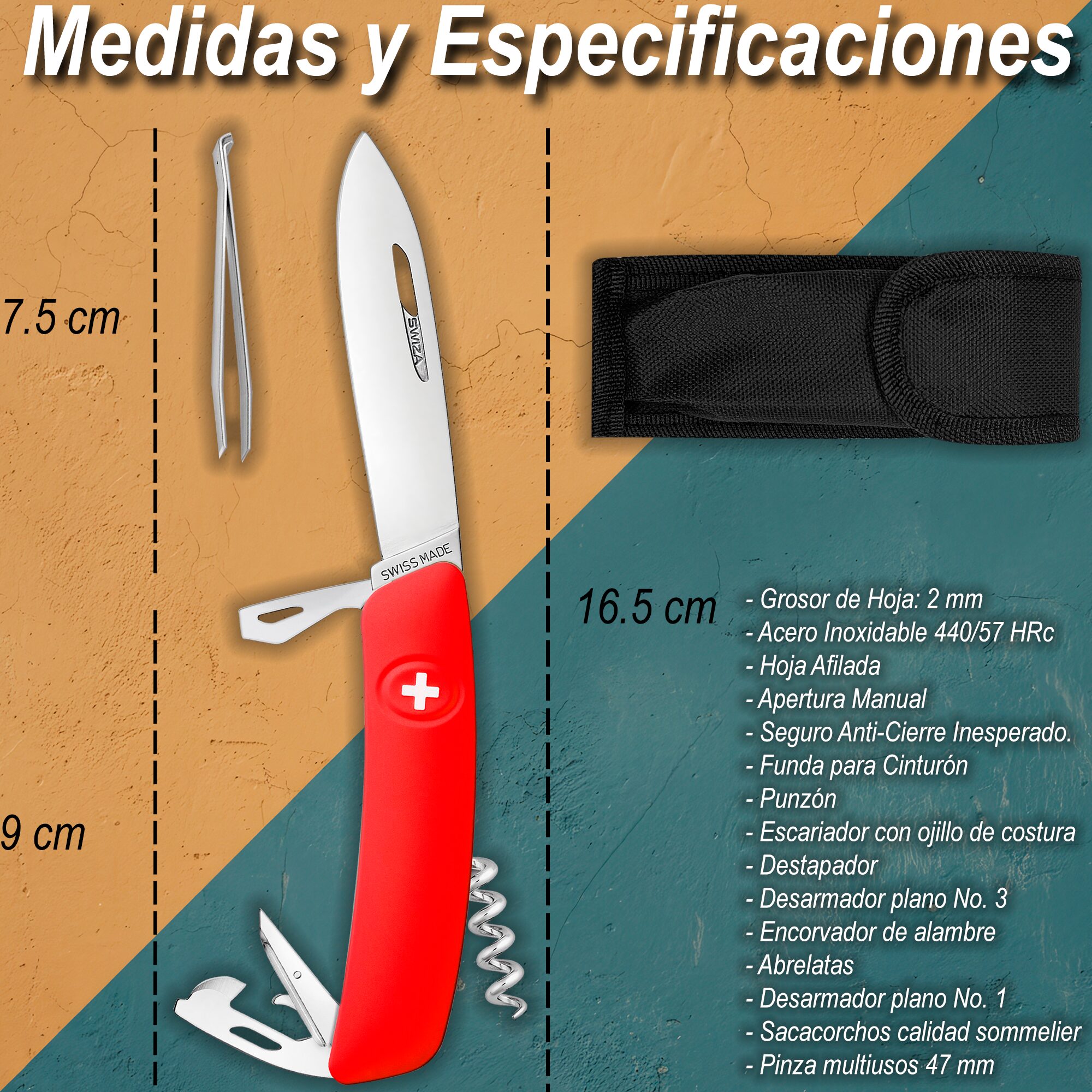 Navaja Swiza 6 Herramientas D03 Allmatt acero inoxidable 440 con funda nylon OGG-NV03-R medidas