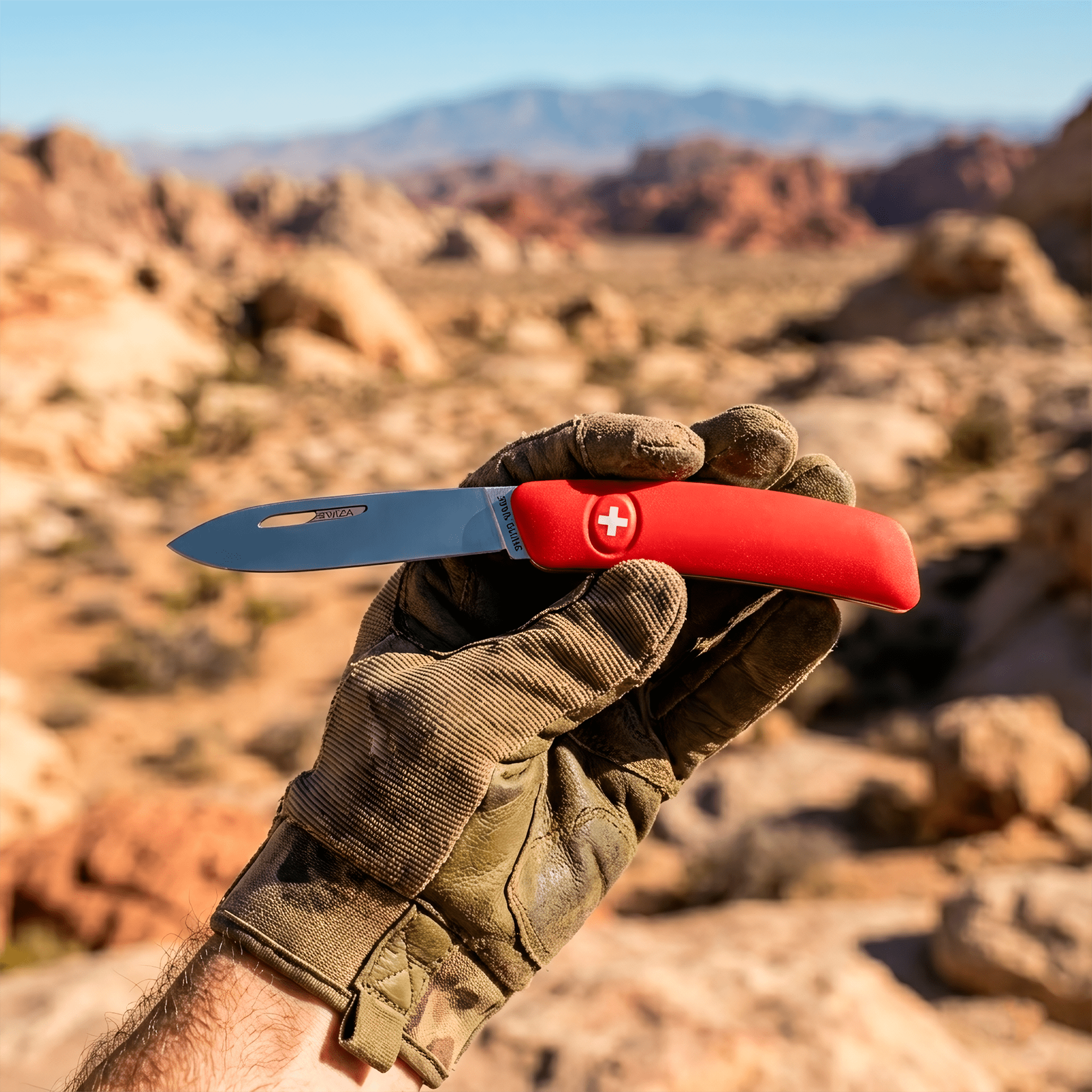 Navaja Swiza 6 Herramientas D03 Allmatt acero inoxidable 440 con funda nylon OGG-NV03-R sujetada en el desierto