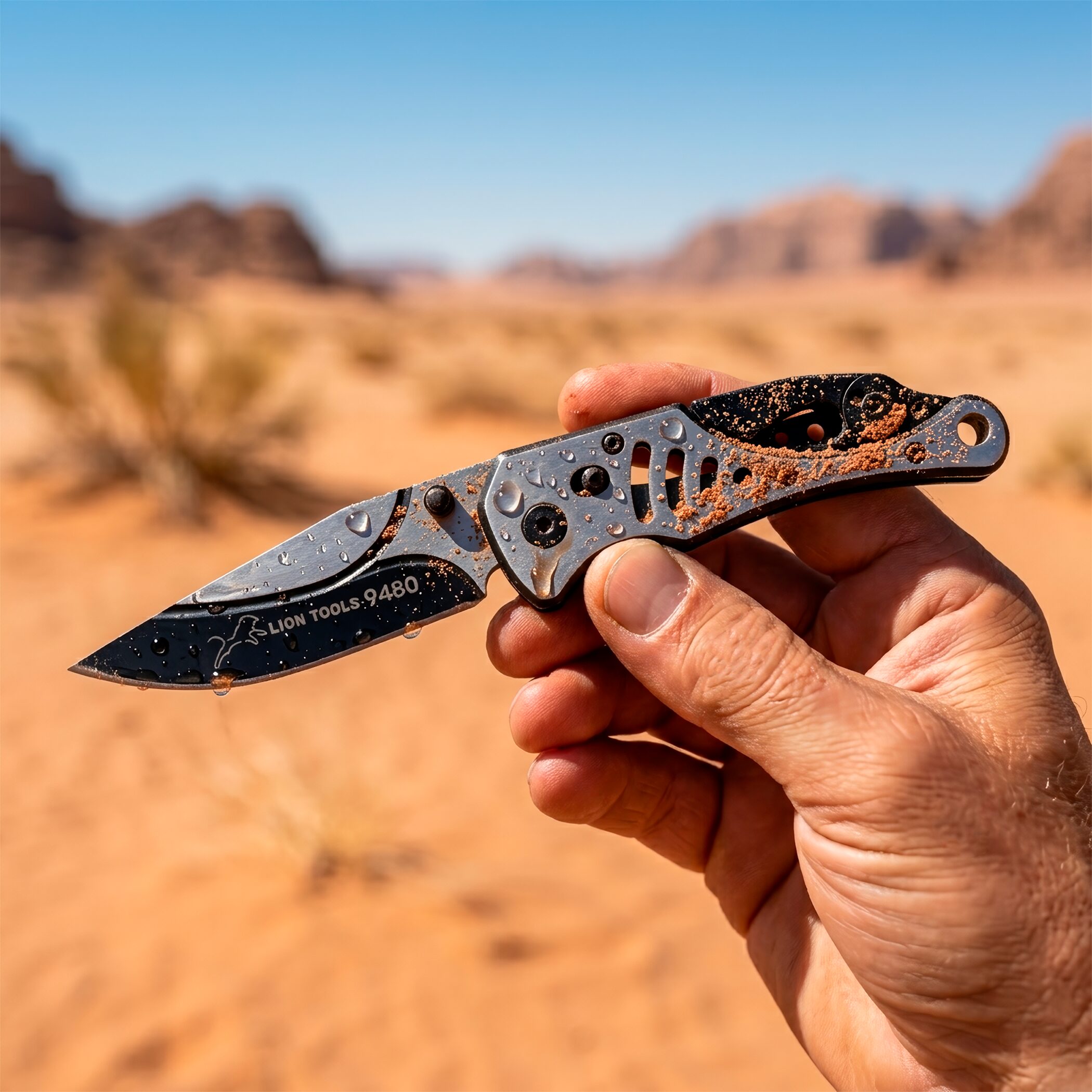 Navaja Tactica Militar De Caza Lion Tools acero inoxidable 420 con clip destapador mano sujetando en el desierto