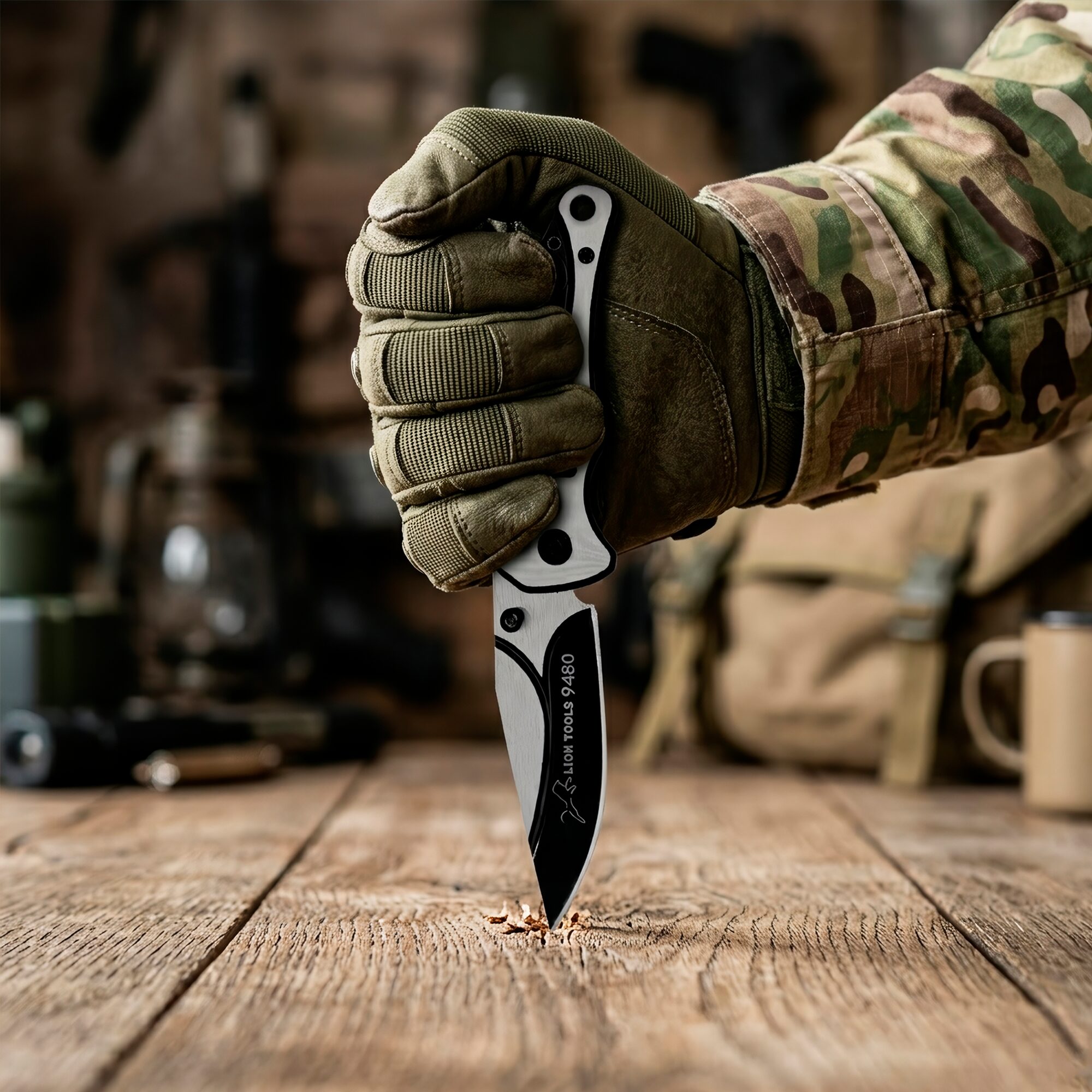 Navaja Tactica Militar De Caza Lion Tools acero inoxidable 420 con clip destapador encajada en una mesa