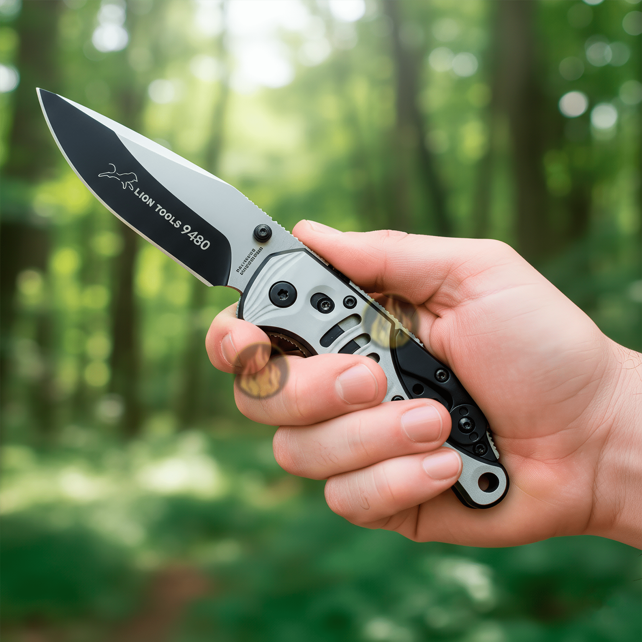 Navaja Tactica Militar De Caza Lion Tools acero inoxidable 420 con clip destapador sujetanda con la mano en el bosque