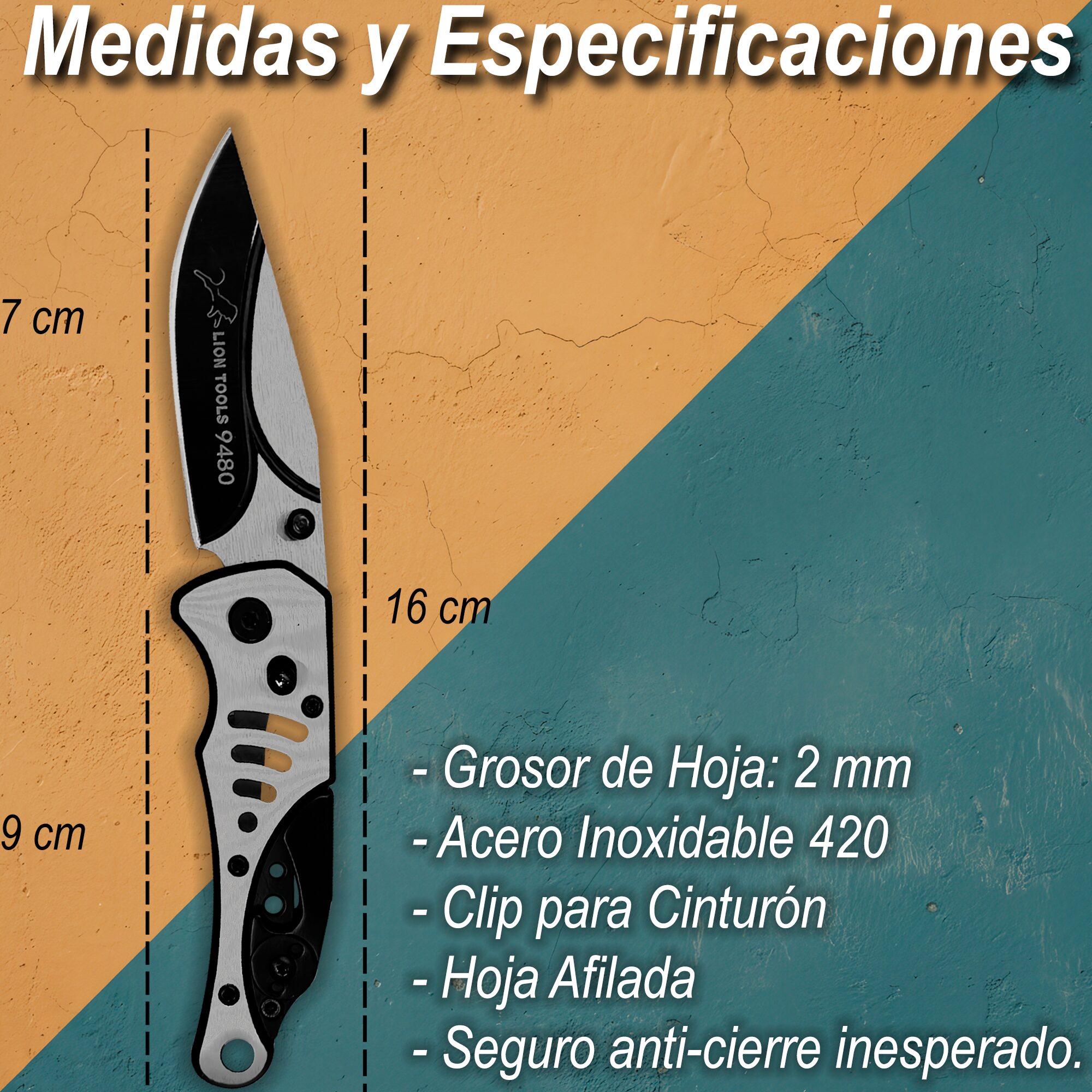 Navaja Tactica Militar De Caza Lion Tools acero inoxidable 420 con clip destapador medidas