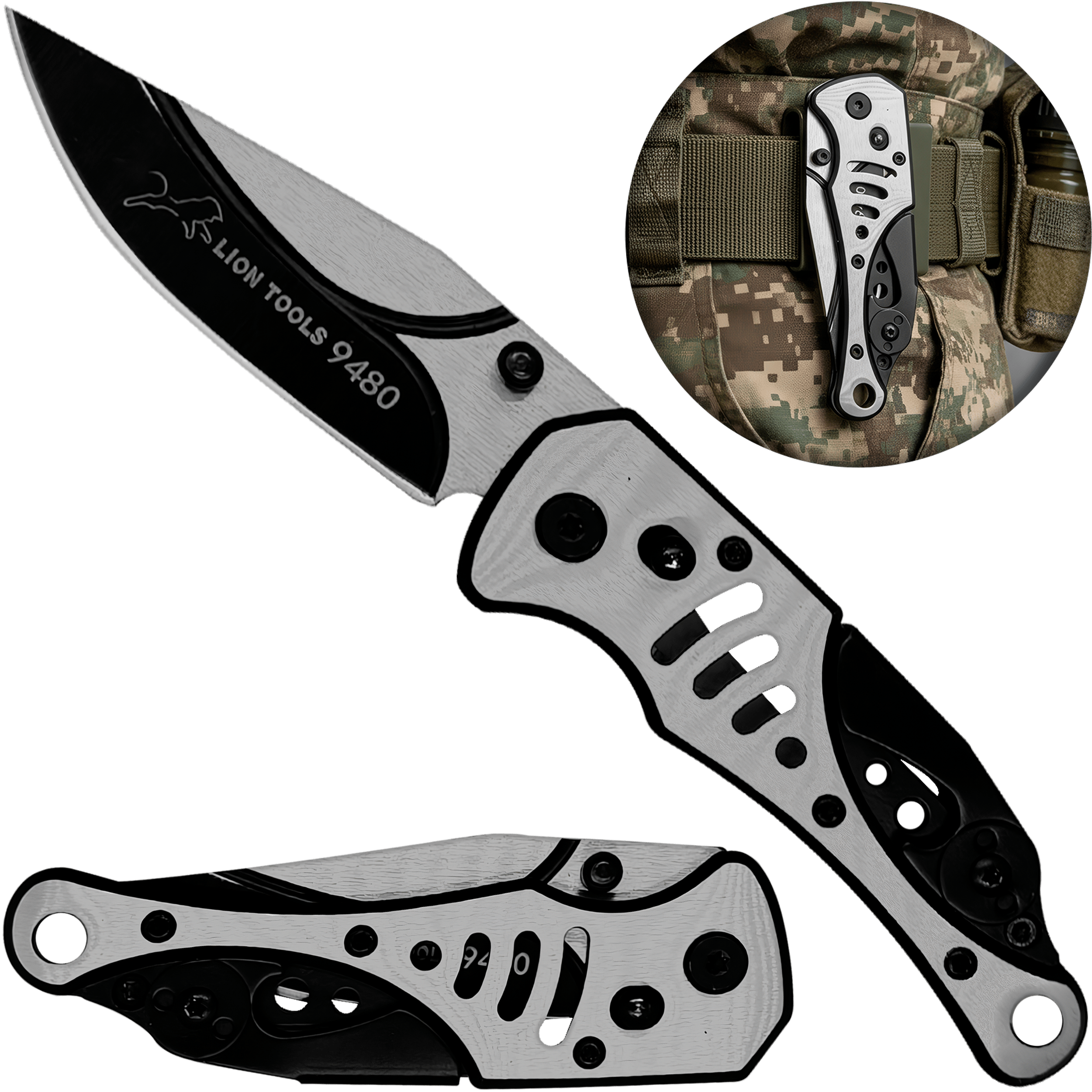 Navaja Tactica Militar De Caza Lion Tools acero inoxidable 420 con clip destapador portada