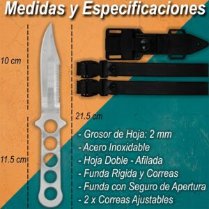 Cuchillo Buceo Táctico Con Funda Blades USA modelo MD-1BS con hoja de acero inoxidable y diseño táctico profesional MEDIDAS