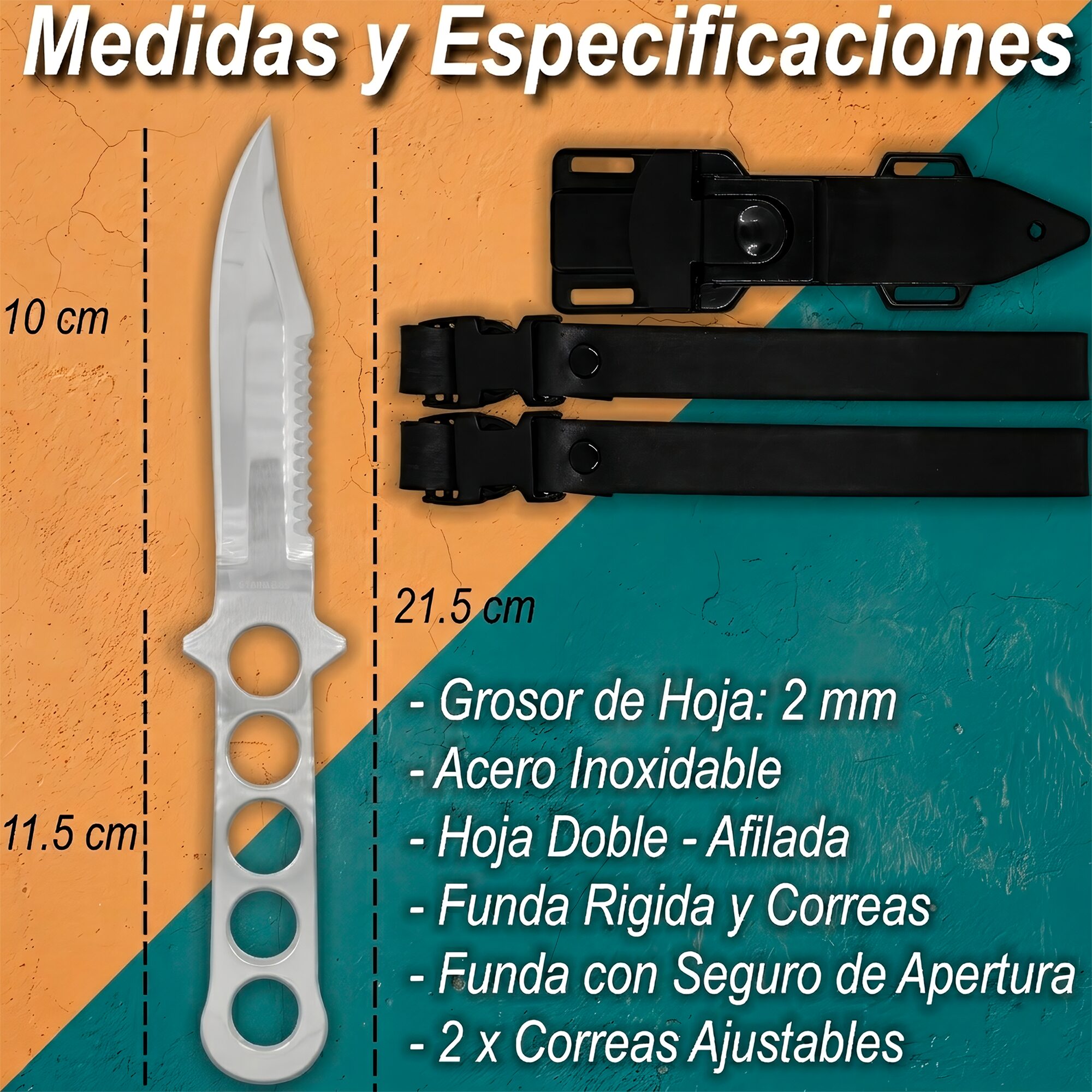 Cuchillo Buceo Táctico Con Funda Blades USA modelo MD-1BS con hoja de acero inoxidable y diseño táctico profesional MEDIDAS