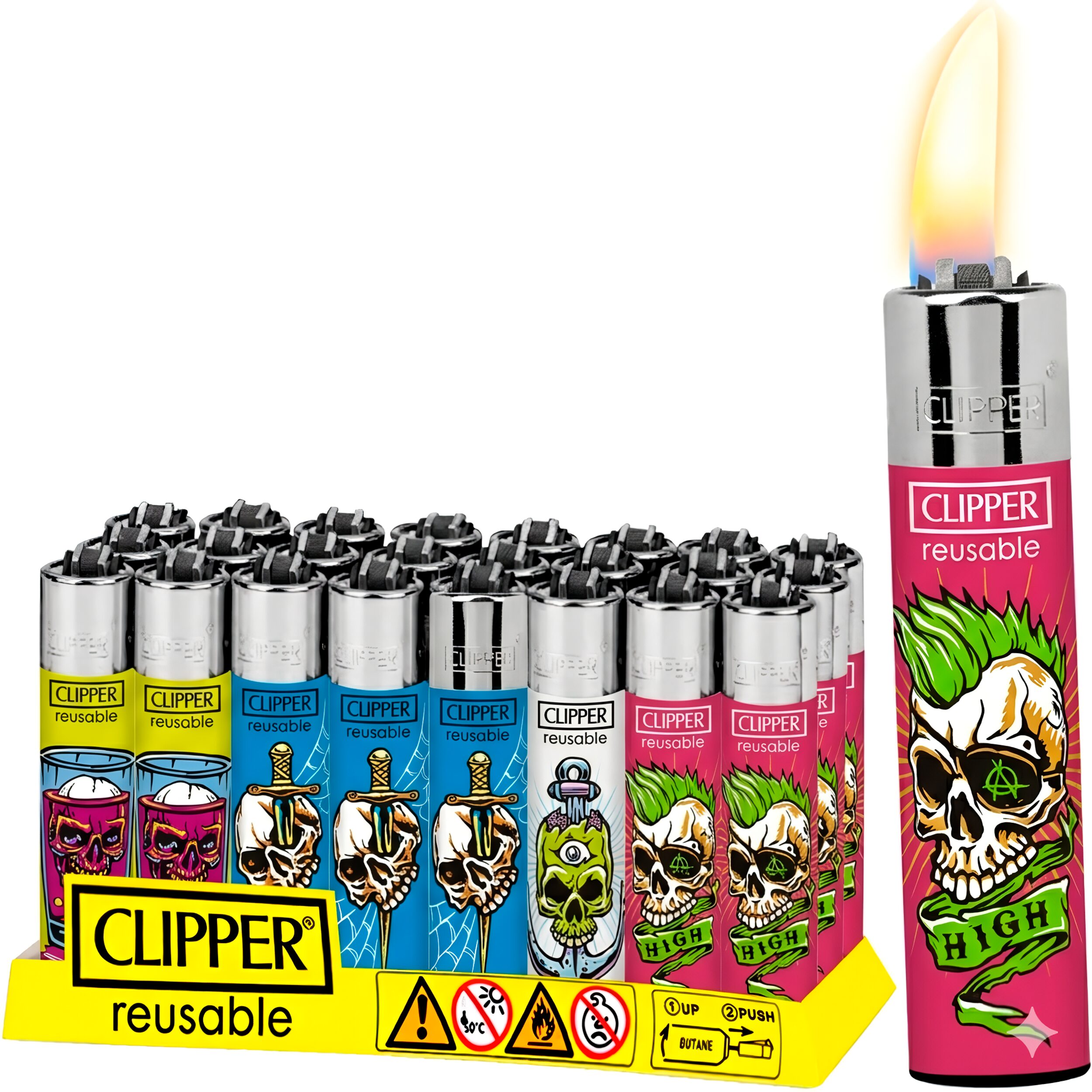 Encendedor Recargable Clipper Colorful Skulls diseño calaveras colores paquete 24 piezas marca Clipper modelo CP11