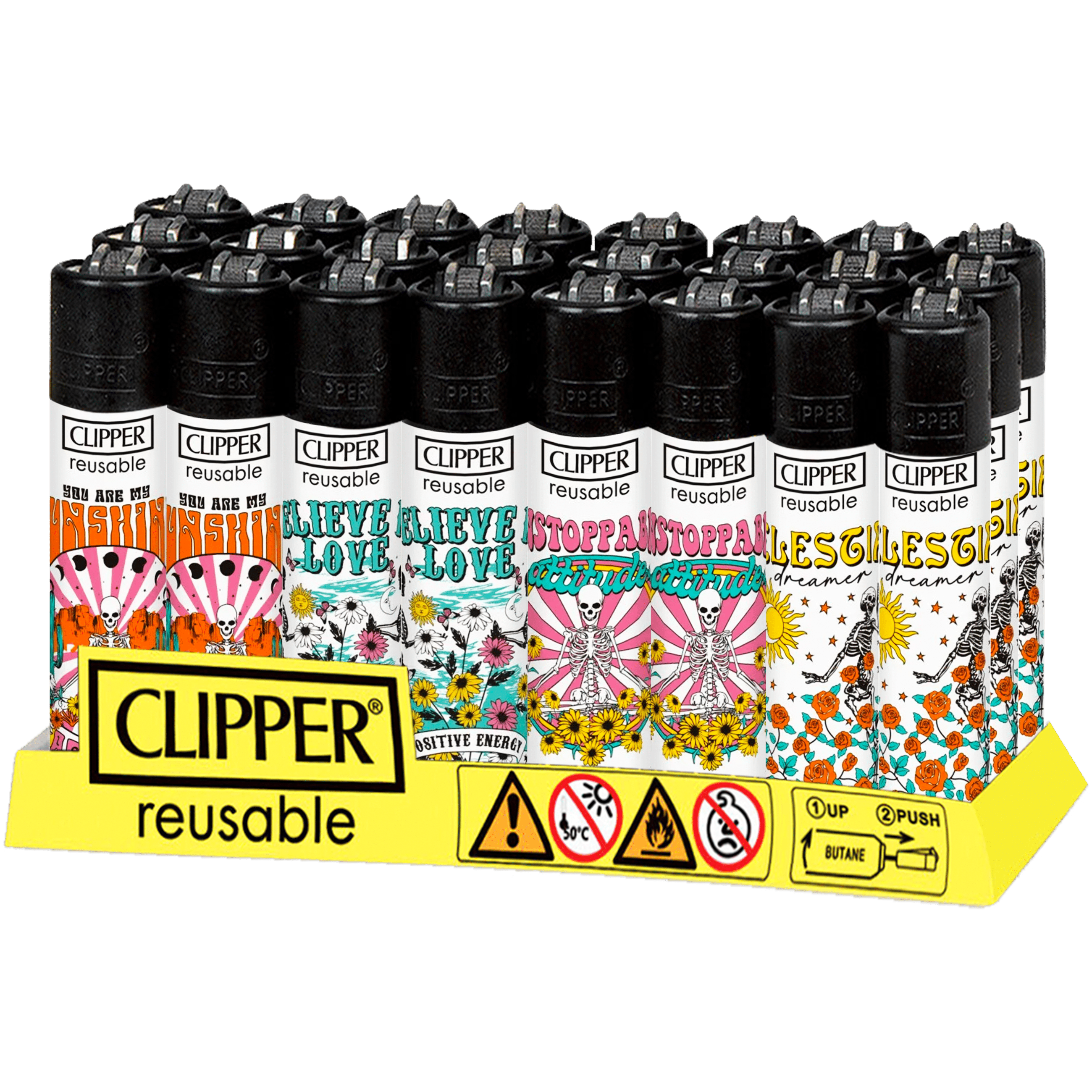 Encendedor Recargable Clipper Colorful Skulls diseño calaveras colores paquete 24 piezas marca Clipper modelo CP11