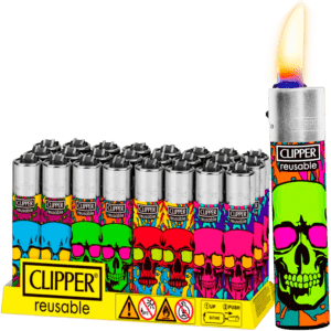 Encendedor Recargable Clipper Colorful Skulls diseño calaveras colores paquete 24 piezas marca Clipper modelo CP11