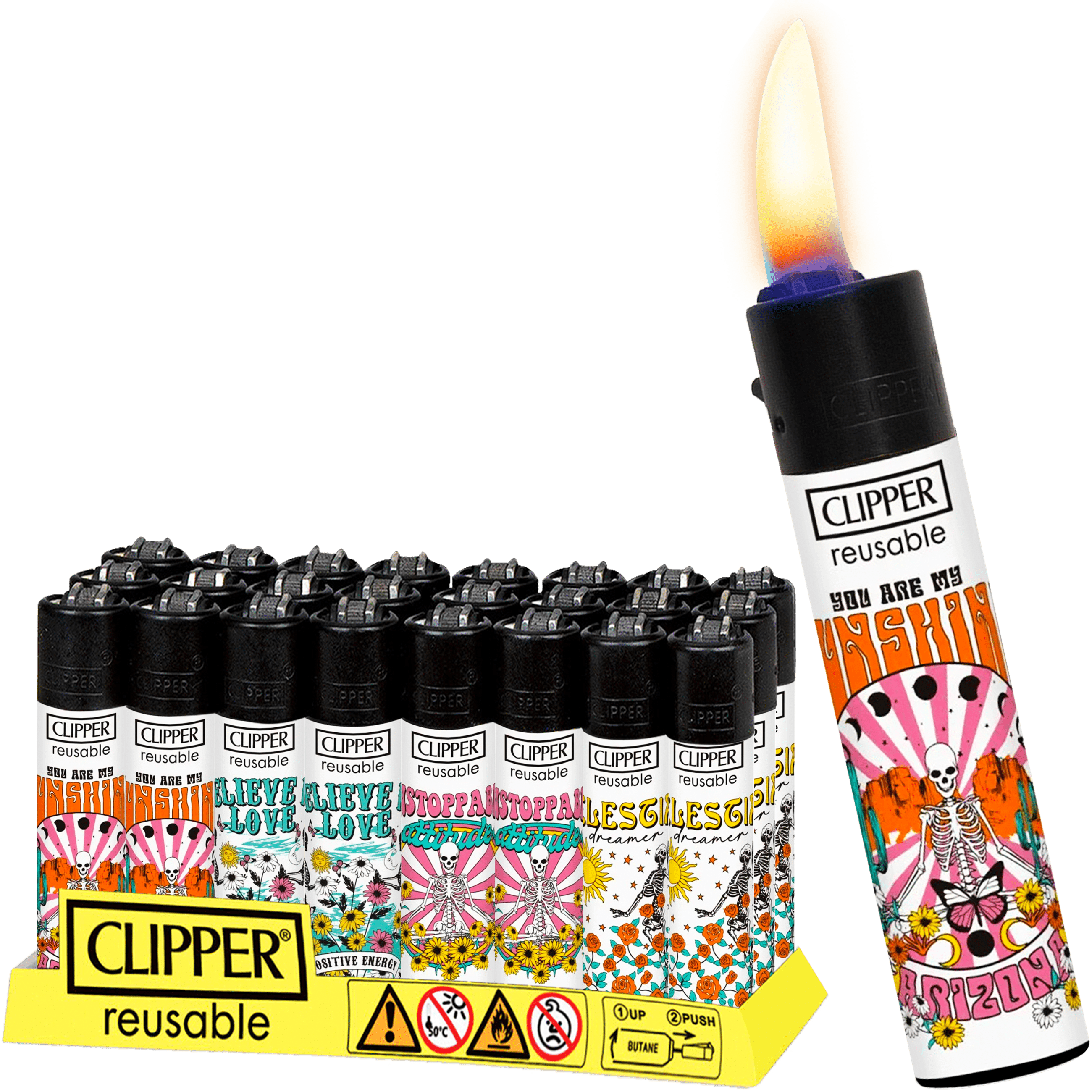 Encendedor Recargable Clipper Colorful Skulls diseño calaveras colores paquete 24 piezas marca Clipper modelo CP11