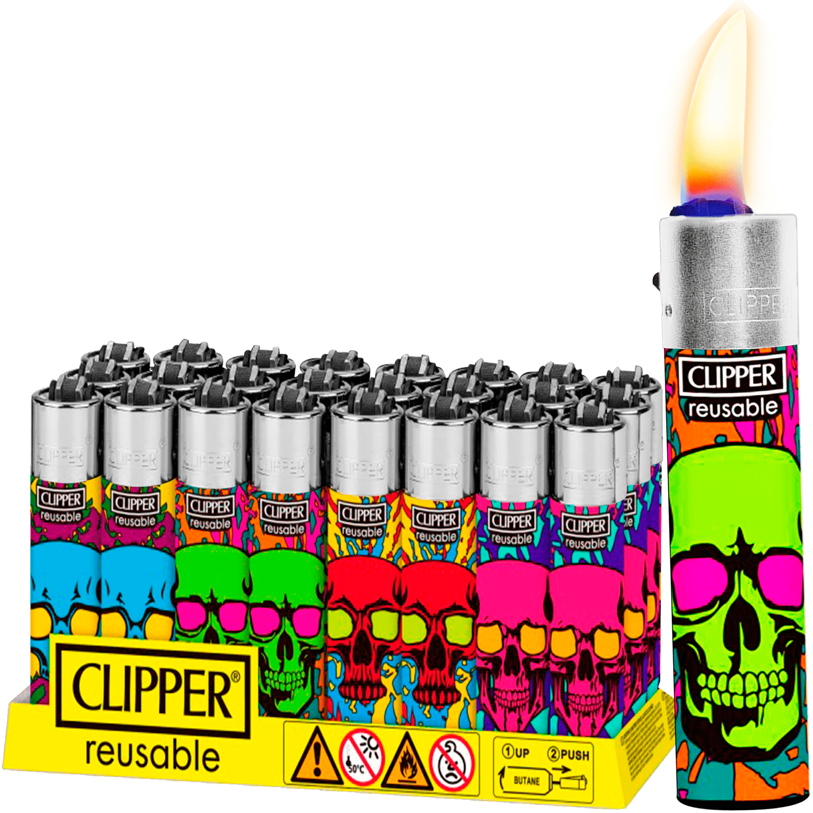 Encendedor Recargable Clipper Colorful Skulls diseño calaveras colores paquete 24 piezas marca Clipper modelo CP11