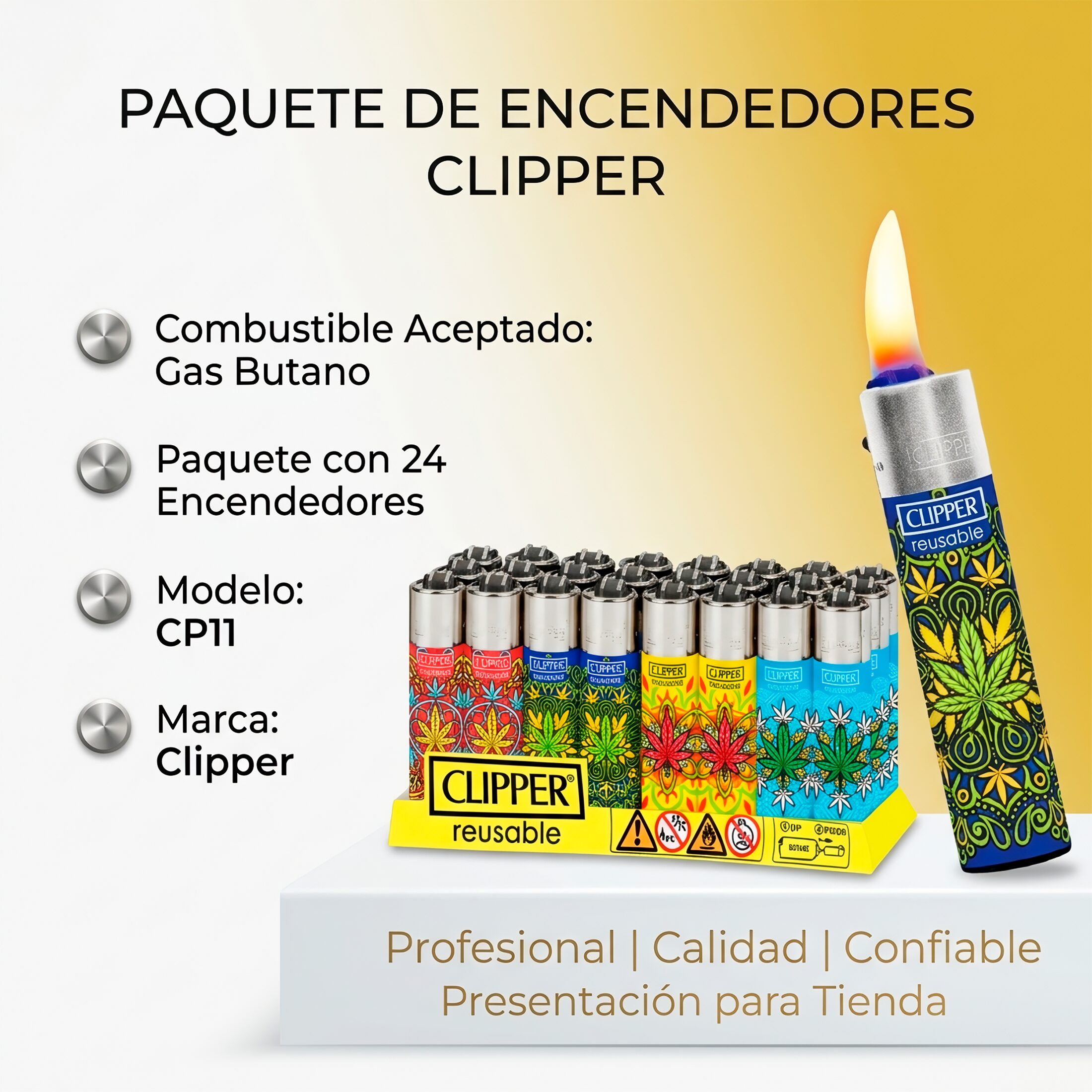 Encendedor Recargable Clipper paquete 24 piezas diseños coloridos