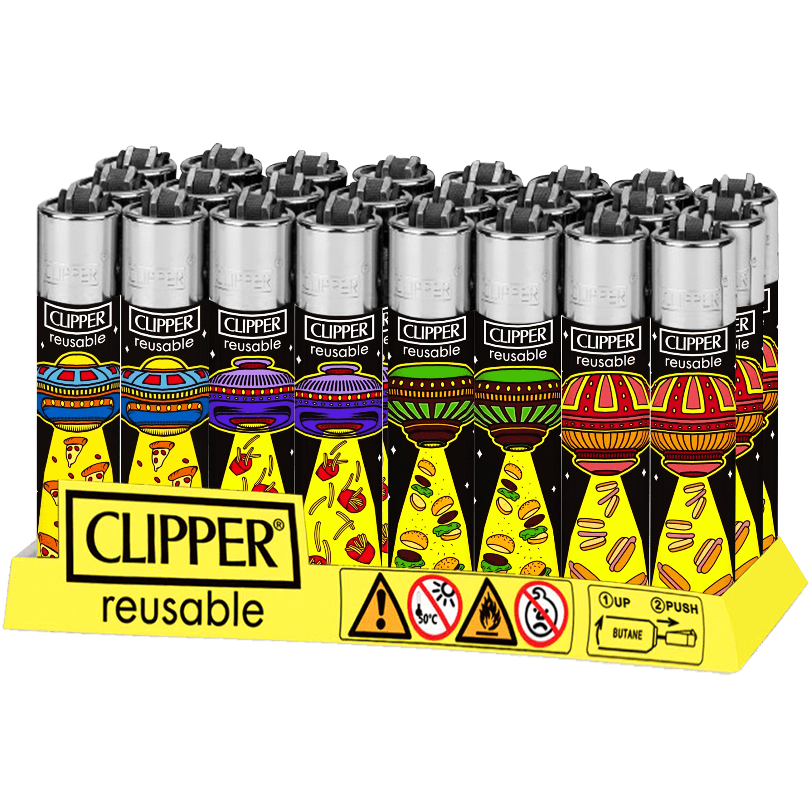 Encendedor Recargable Clipper Hungry UFO diseño original colores surtidos paquete 24 piezas marca Clipper modelo CP11