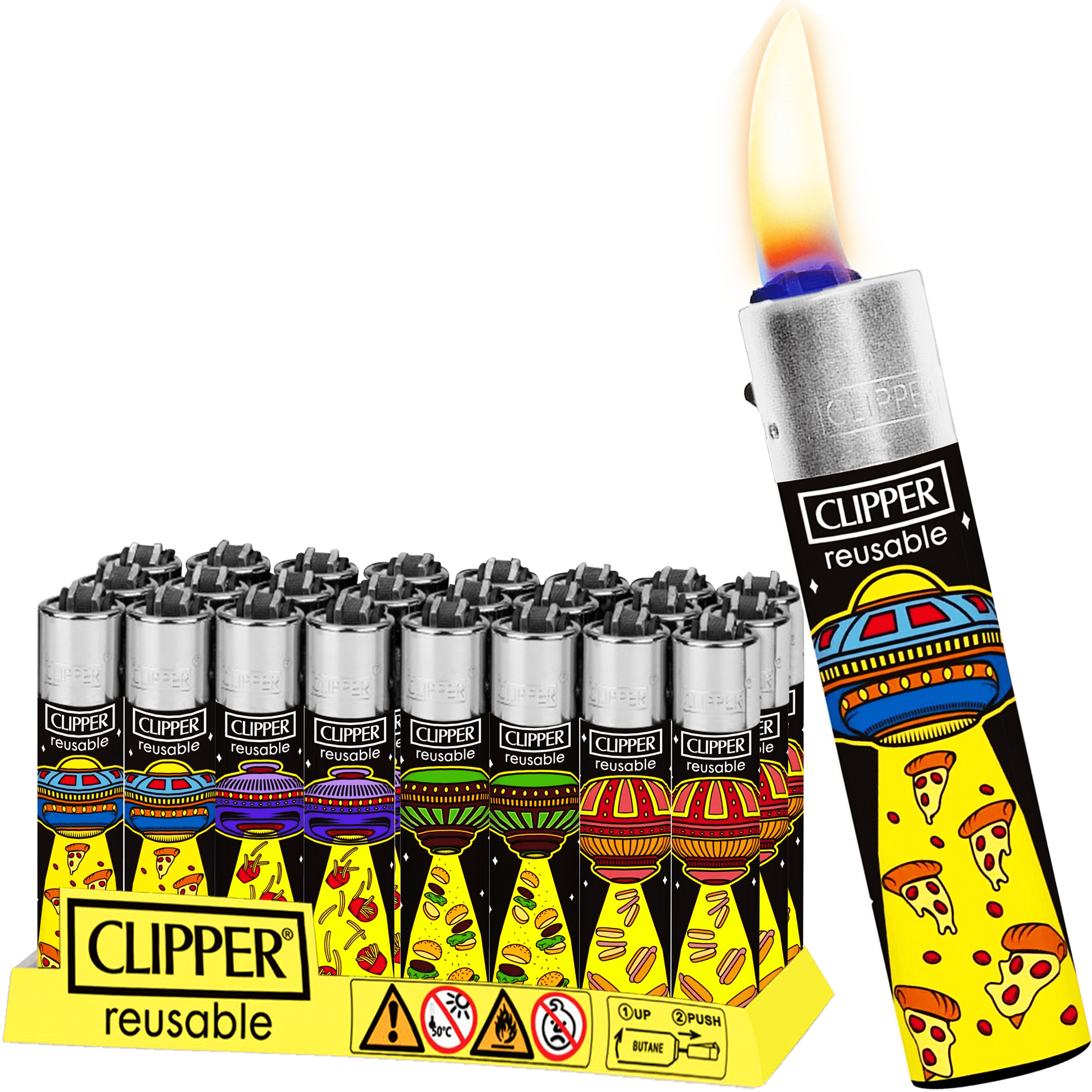 Encendedor Recargable Clipper Hungry UFO diseño original colores surtidos paquete 24 piezas marca Clipper modelo CP11