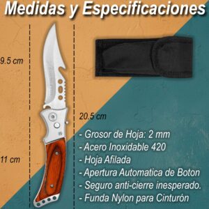 Navaja Automática Cachas De Madera Lion Tools modelo 9566 con hoja de acero inoxidable 420 y apertura automática de botón. MEDIDAS