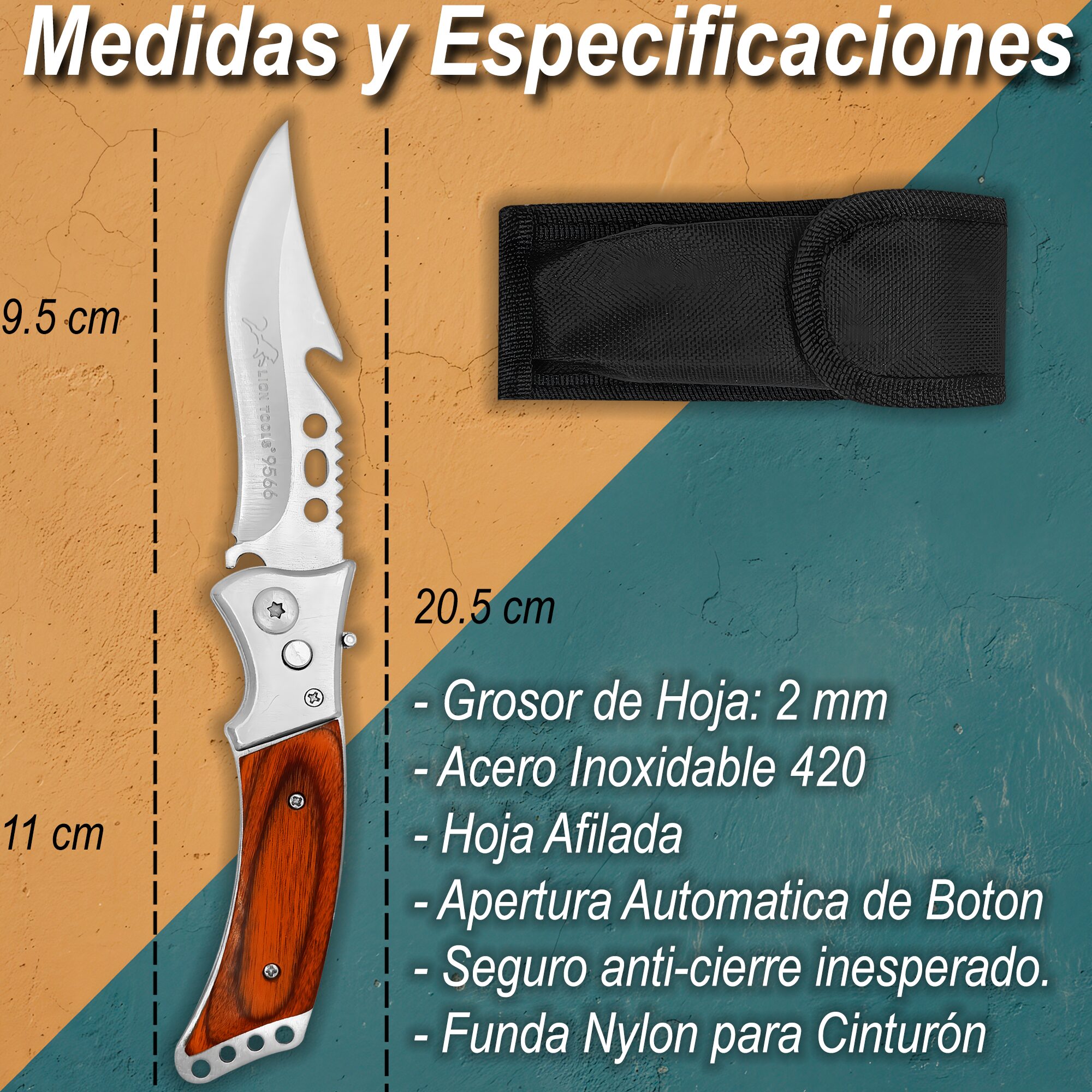 Navaja Automática Cachas De Madera Lion Tools modelo 9566 con hoja de acero inoxidable 420 y apertura automática de botón. MEDIDAS