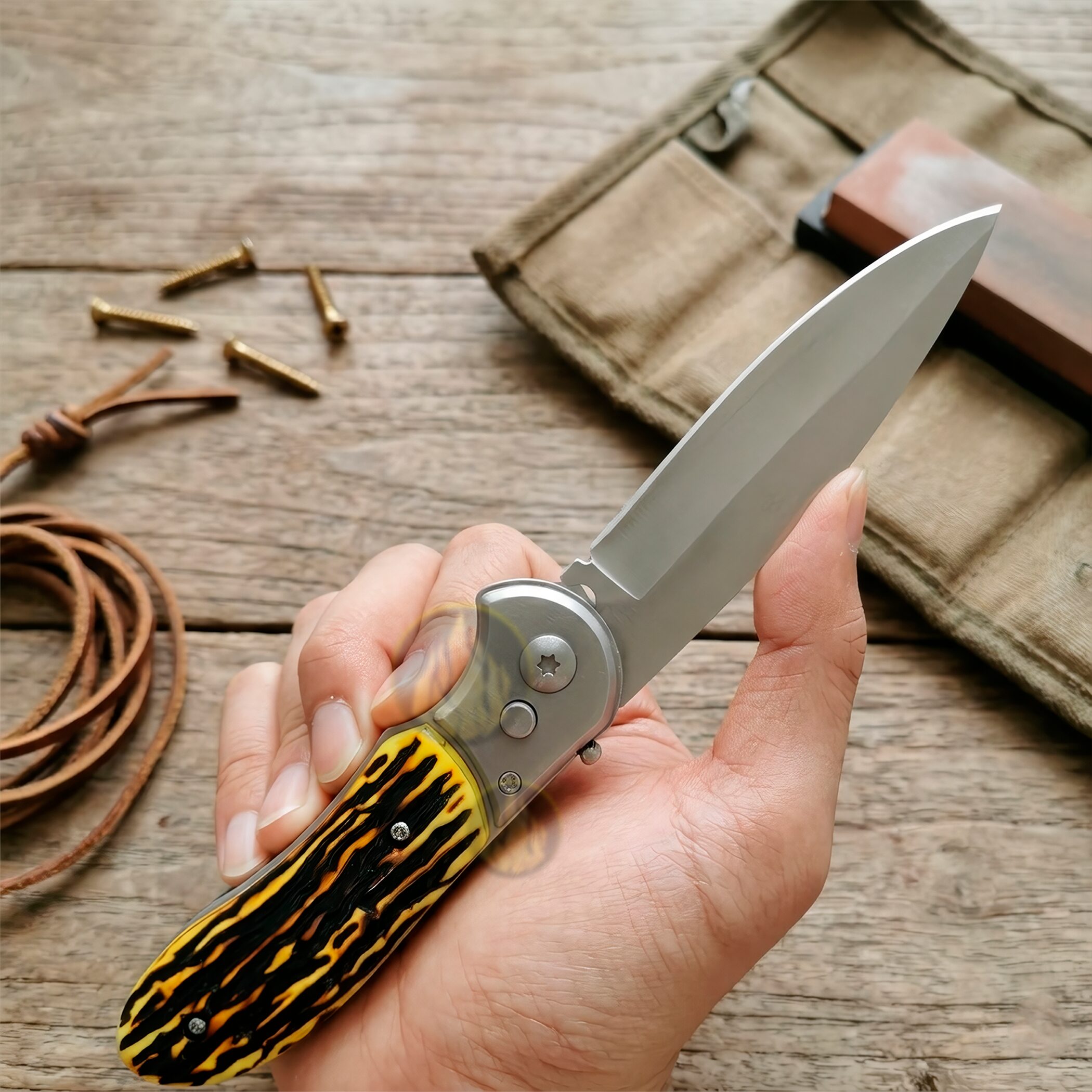 Navaja Automática Cachas Tipo Hueso Lion Tools modelo 9515 para caza uso rudo con hoja de acero inoxidable 420 y apertura automática de botón