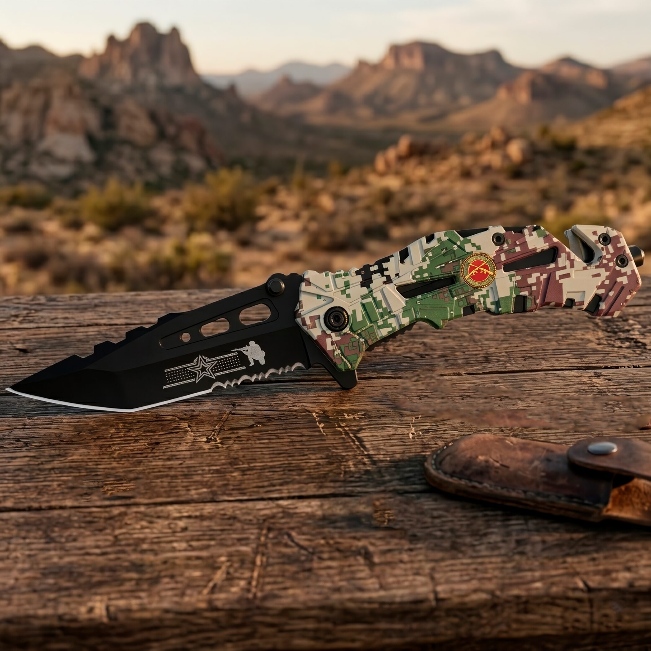 Navaja Automatica De Uso Rudo Acero Camuflaje Razor Tactical con rompe vidrios RT 7069MA