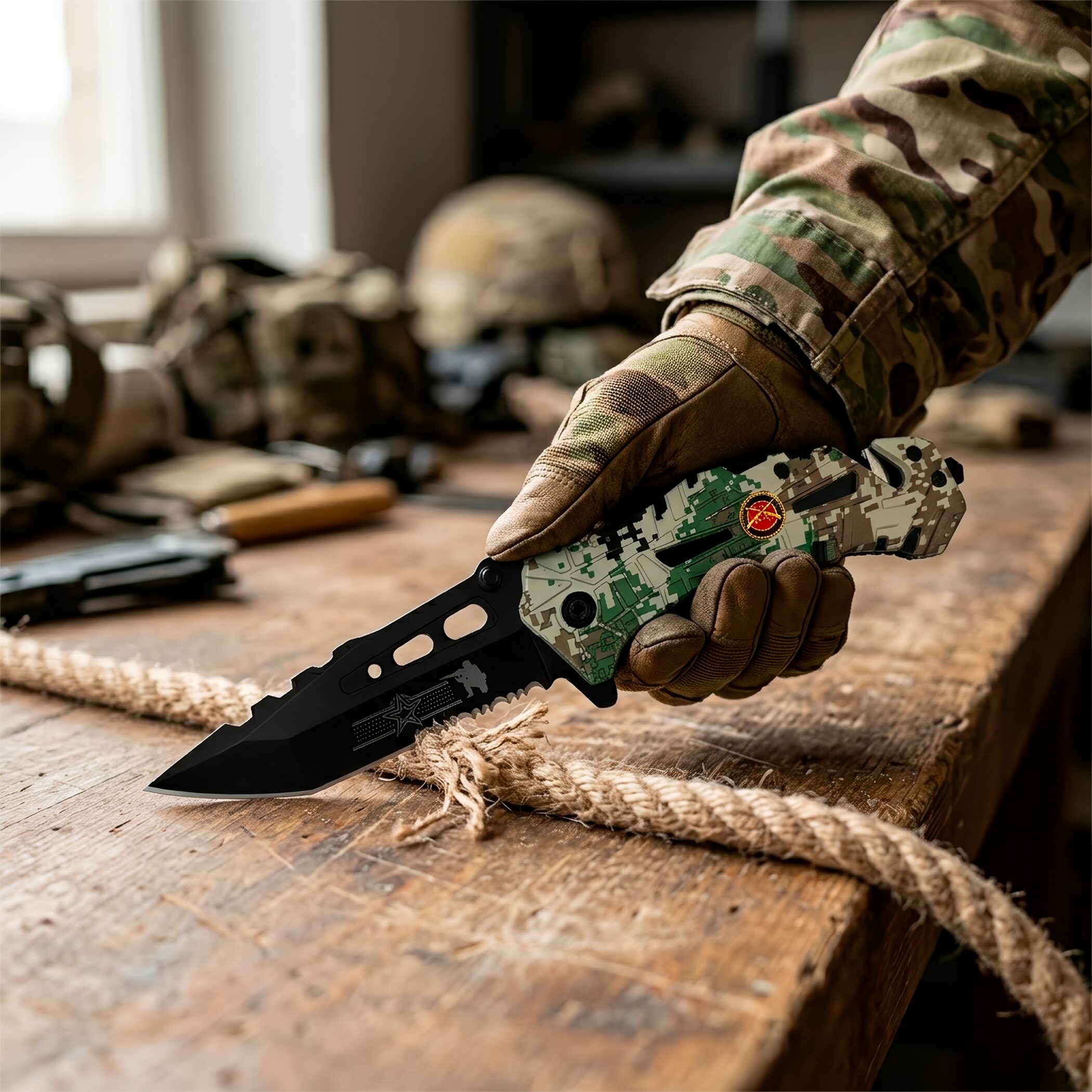 Navaja Automatica De Uso Rudo Acero Camuflaje Razor Tactical con rompe vidrios RT 7069MA