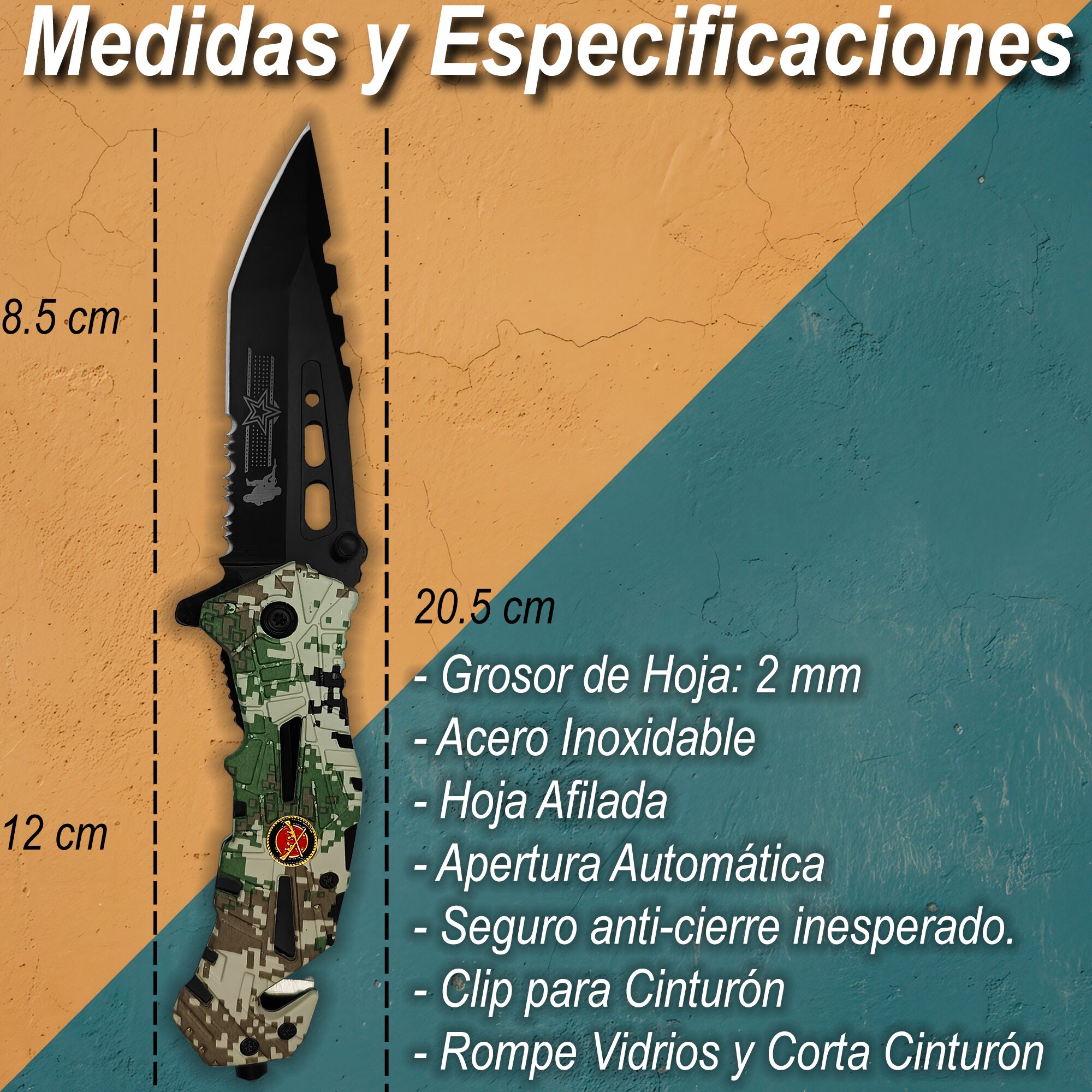 Navaja Automatica De Uso Rudo Acero Camuflaje Razor Tactical con rompe vidrios RT 7069MA