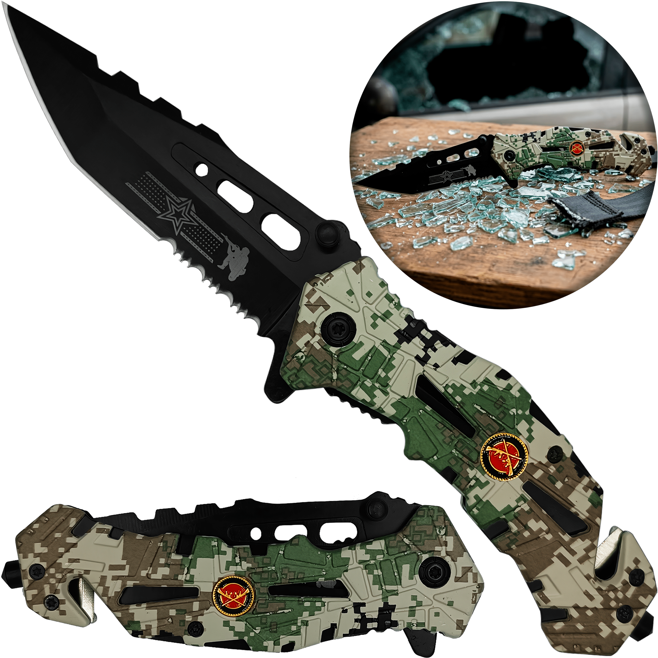 Navaja Automatica De Uso Rudo Acero Camuflaje Razor Tactical con rompe vidrios RT 7069MA
