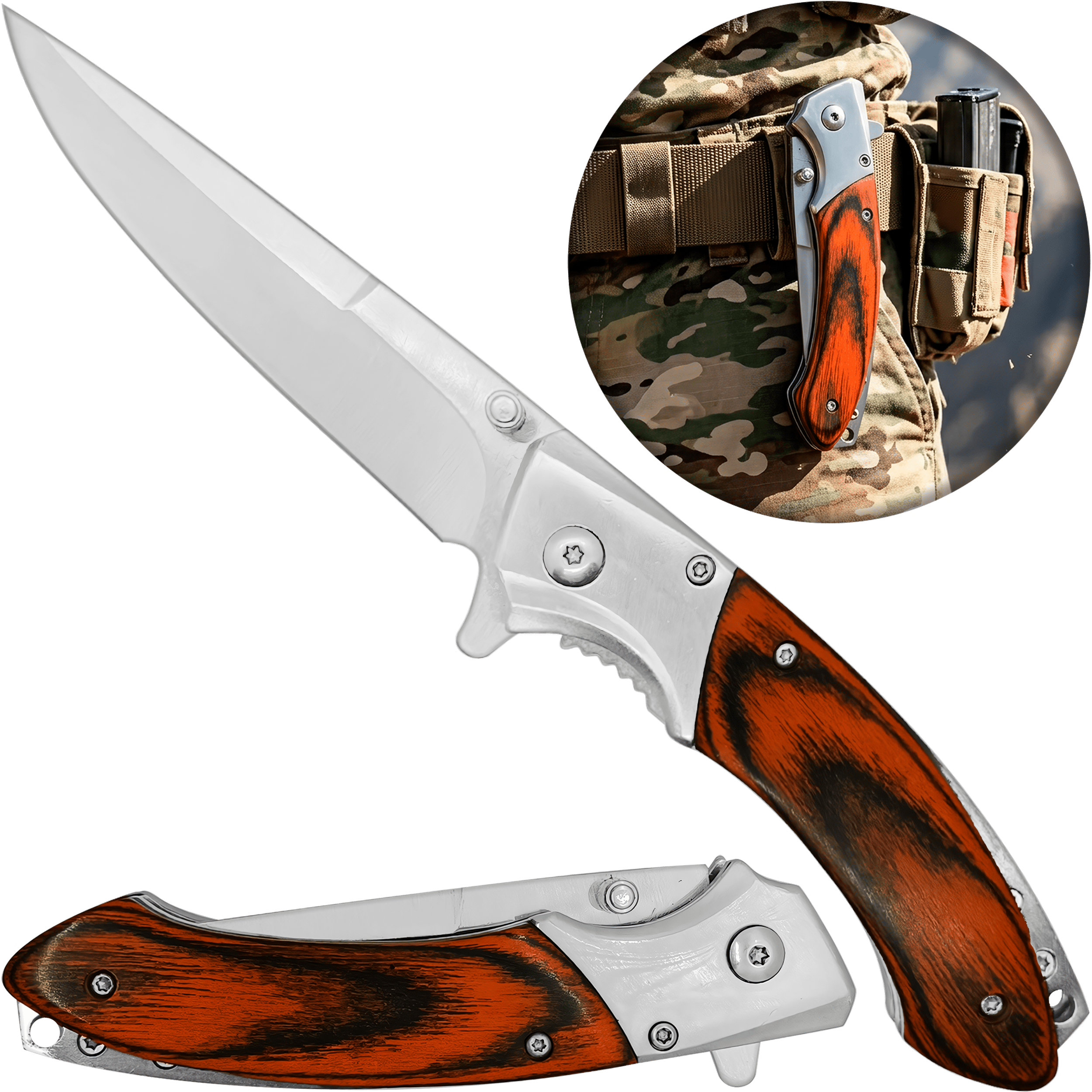 Navaja Cachas De Madera Automatica Razor Tactical acero inoxidable 440 para caza y supervivencia RT 7087WD
