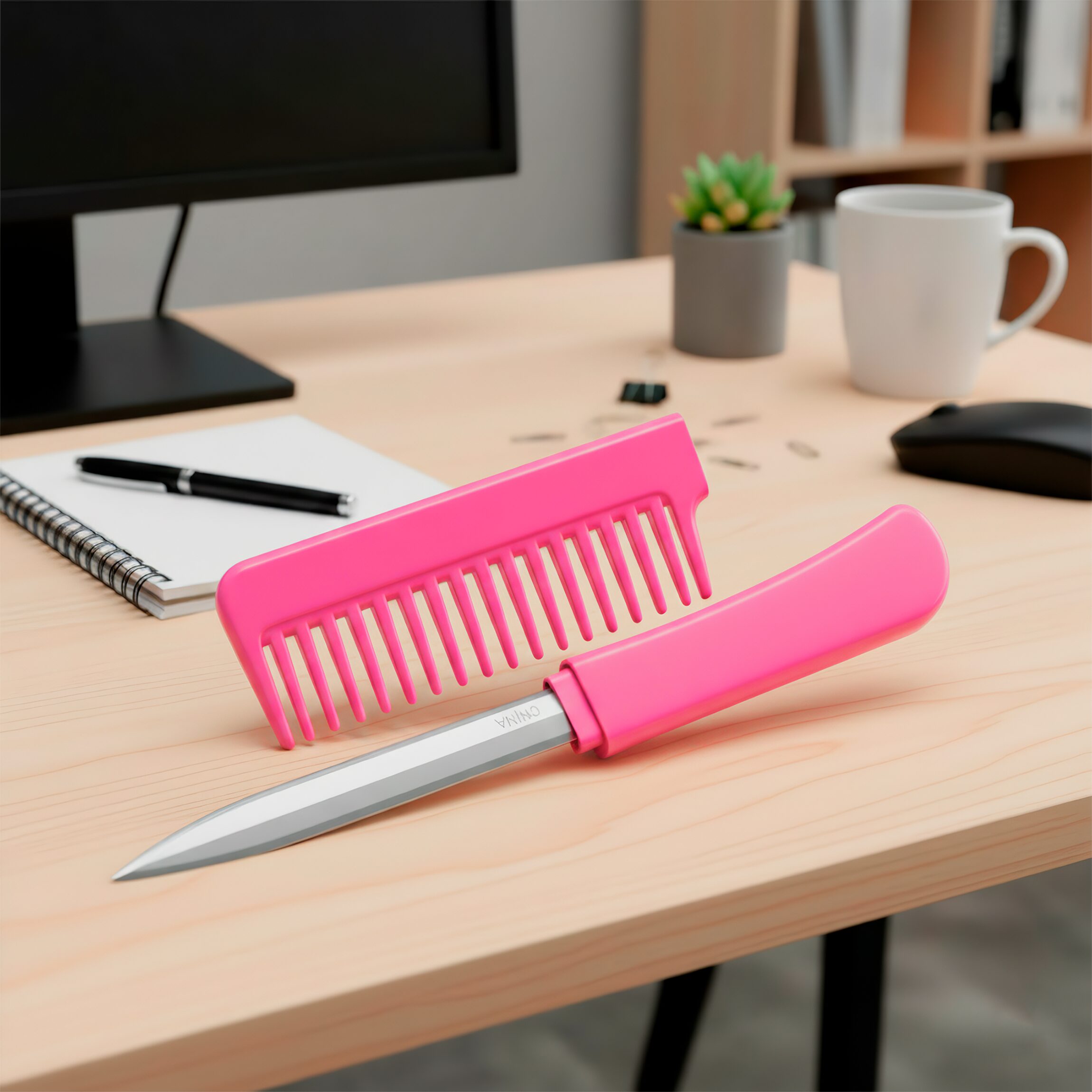 Peine Defensa Personal marca Blades USA con mango de acero inoxidable y peine funcional en la parte trasera, modelo PK-107PK.