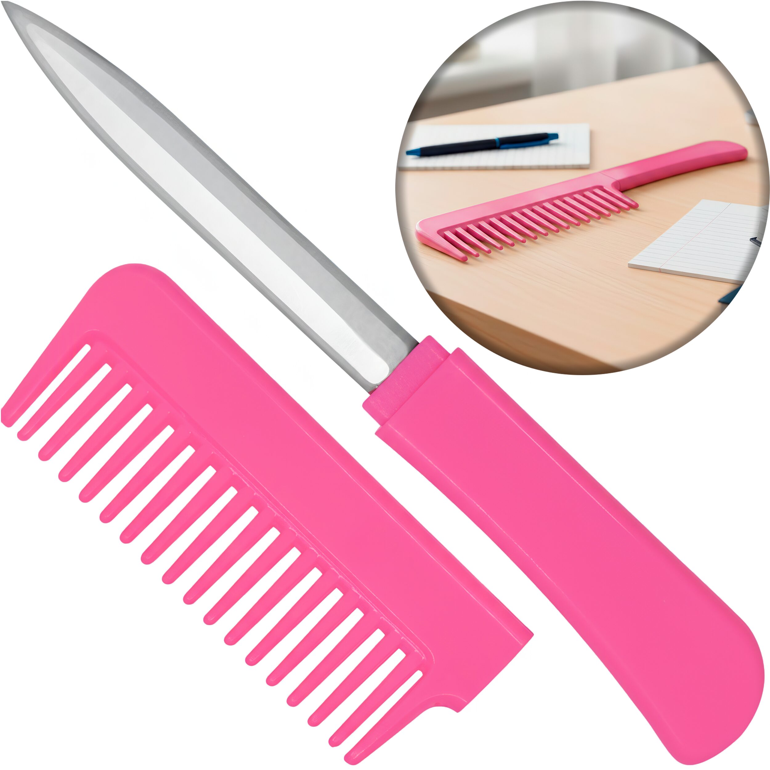 Peine Defensa Personal marca Blades USA con mango de acero inoxidable y peine funcional en la parte trasera, modelo PK-107PK.