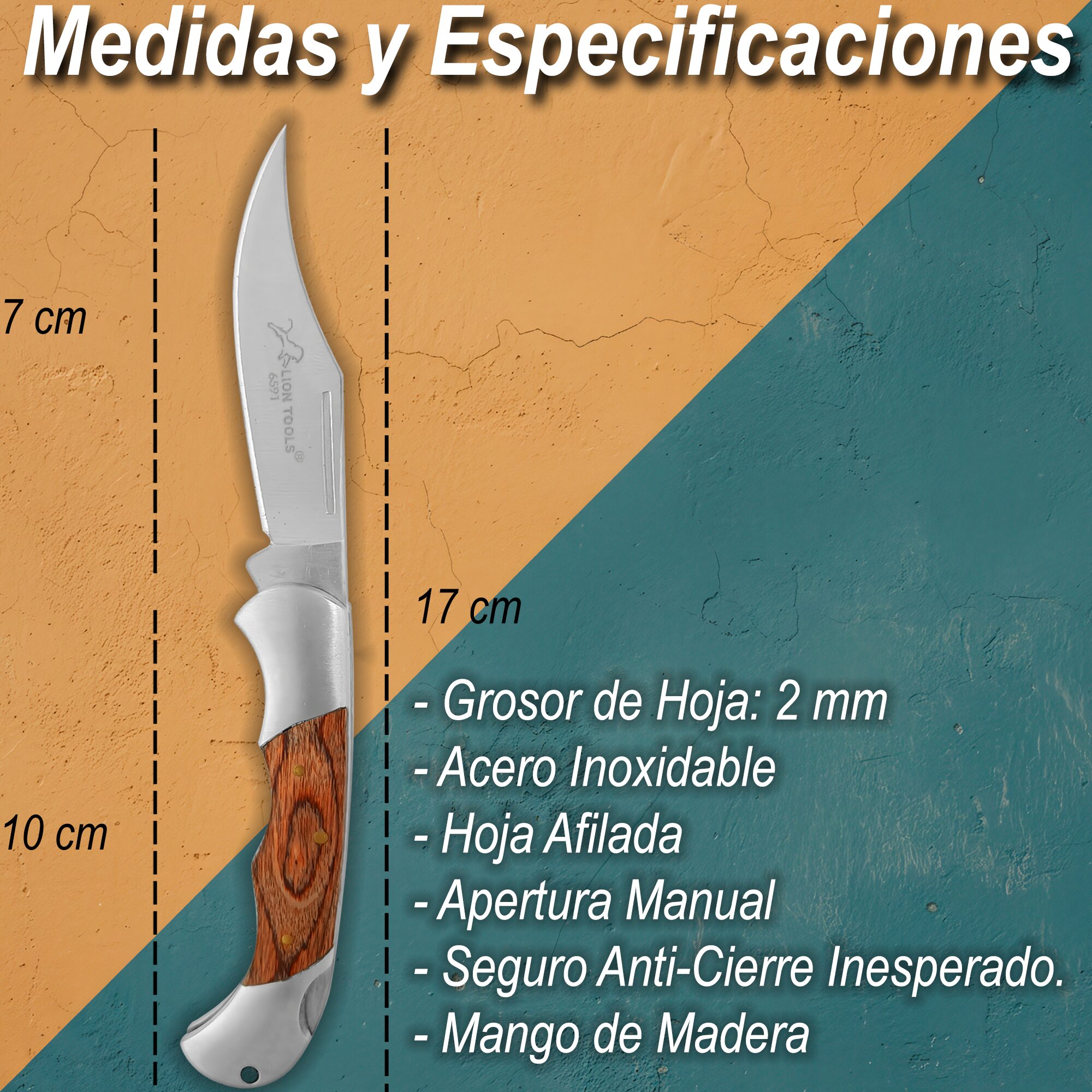 Navaja Cachas De Madera Lion Tools modelo 6591 con hoja de acero inoxidable 420 y apertura manual con muelle.