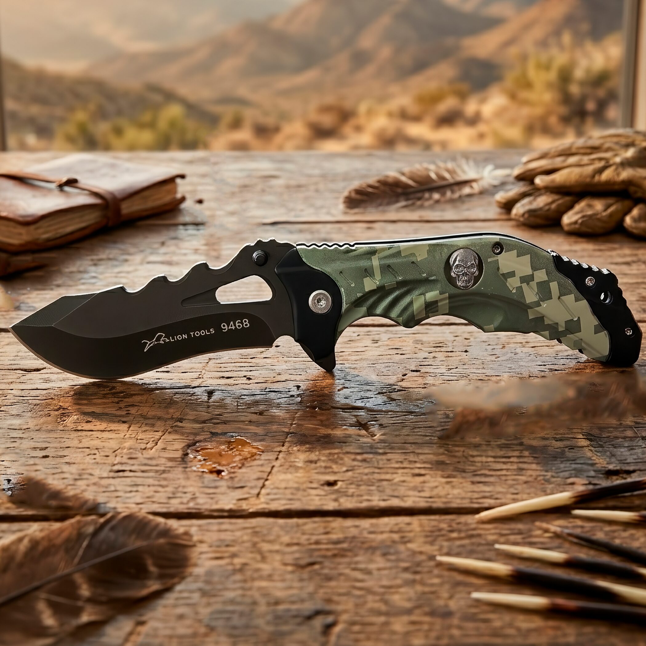 Navaja Táctica Militar Automática Lion Tools modelo 9468 camuflaje verde con hoja de acero inoxidable 420.