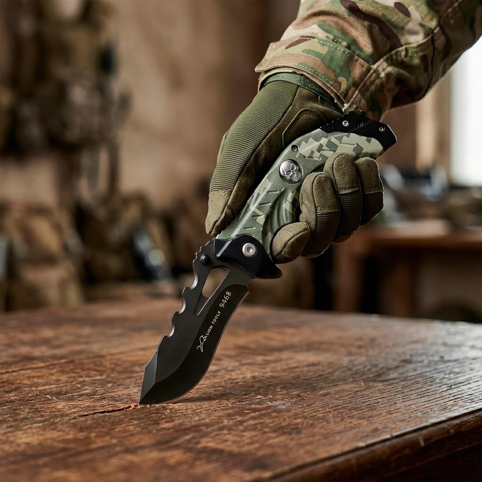 Navaja Táctica Militar Automática Lion Tools modelo 9468 camuflaje verde con hoja de acero inoxidable 420.