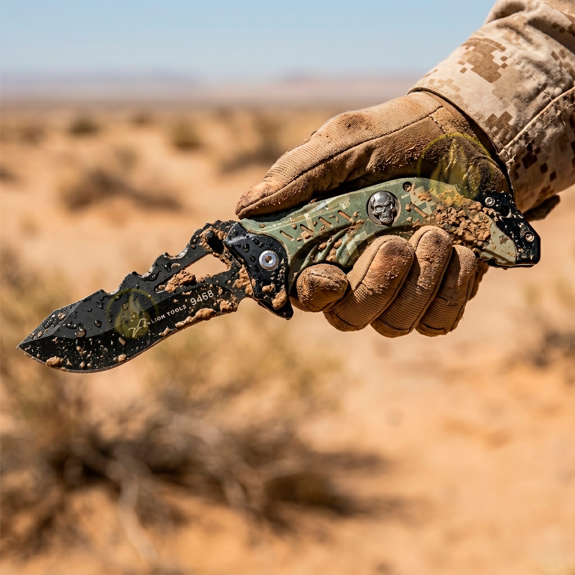 Navaja Táctica Militar Automática Lion Tools modelo 9468 camuflaje verde con hoja de acero inoxidable 420.