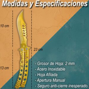 Cuchillo Navaja Mariposa Dorada marca Lion Tools, fabricado en acero inoxidable 420, con hoja afilada de 10 cm, espesor de 3 mm, mango de 13 cm y seguro anti cierre inesperado.