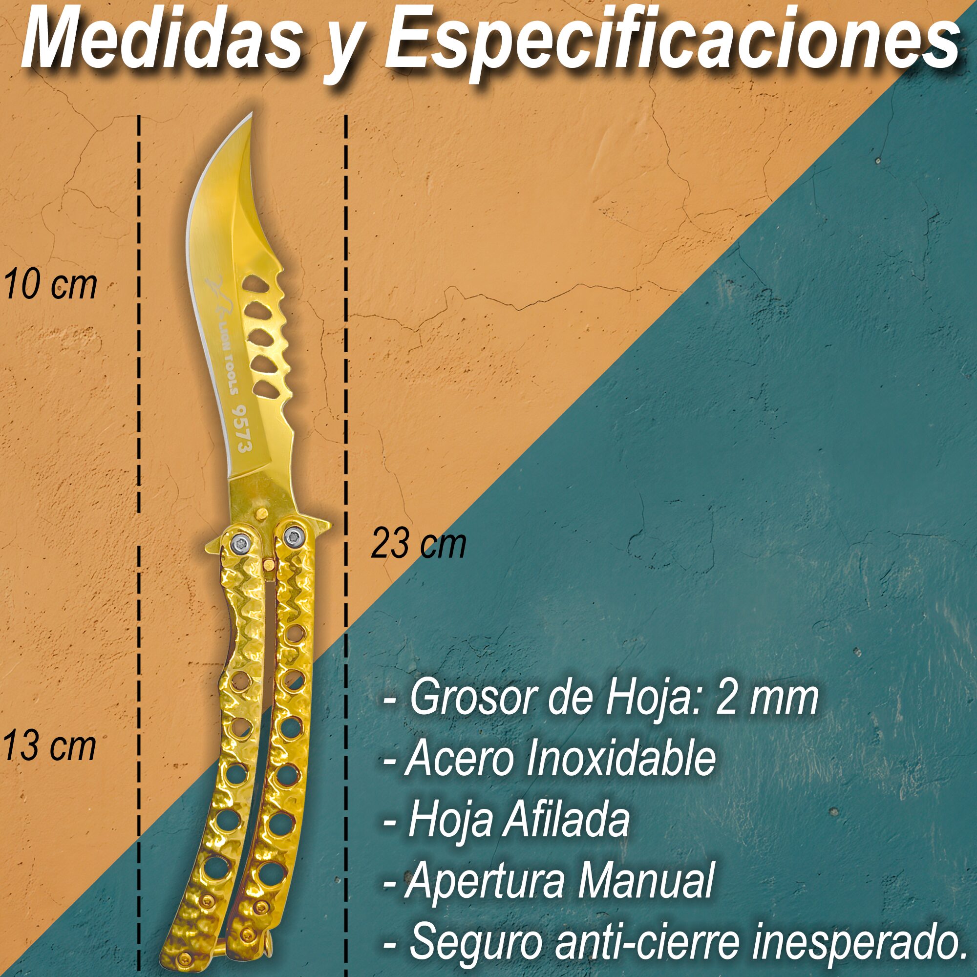 Cuchillo Navaja Mariposa Dorada marca Lion Tools, fabricado en acero inoxidable 420, con hoja afilada de 10 cm, espesor de 3 mm, mango de 13 cm y seguro anti cierre inesperado.