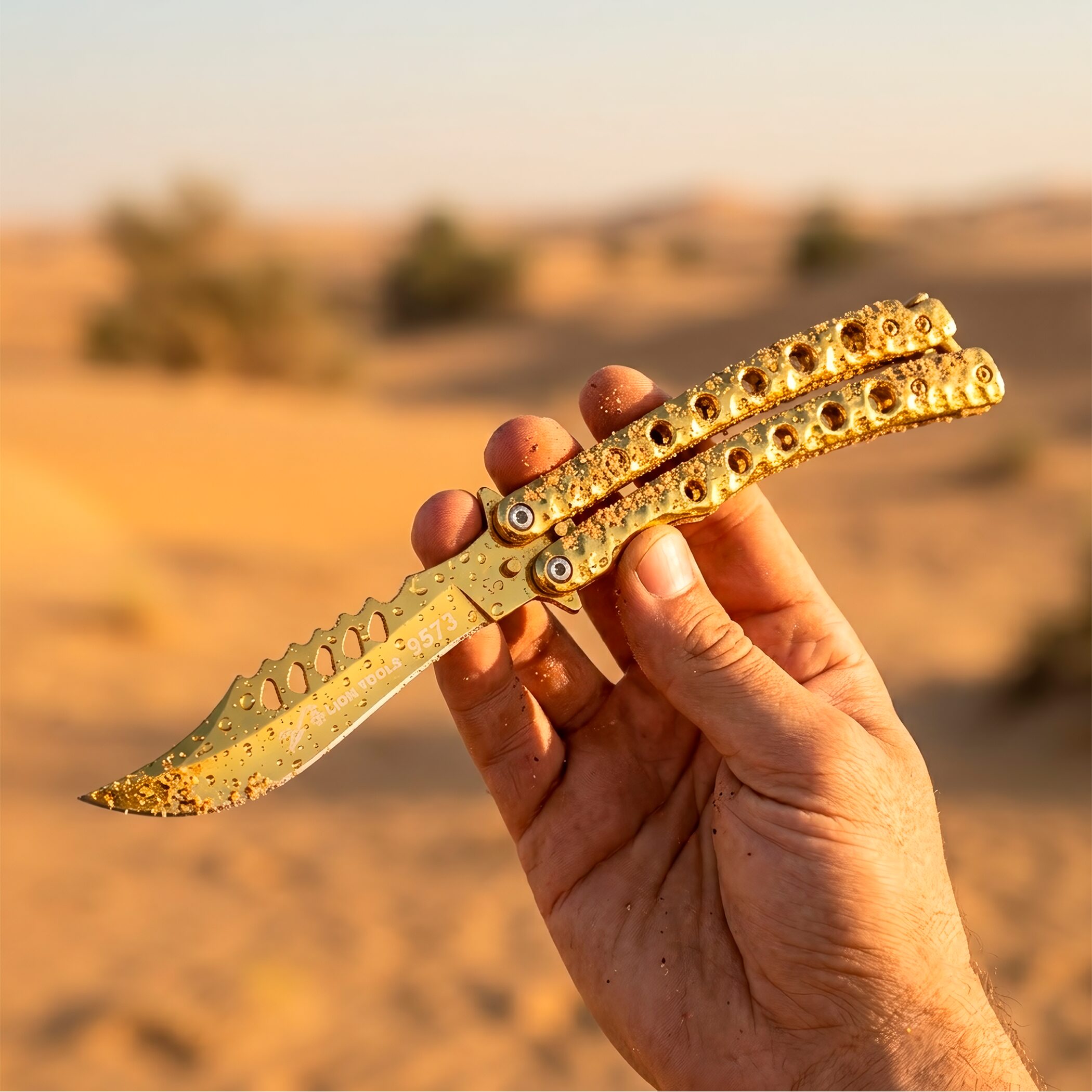 Cuchillo Navaja Mariposa Dorada marca Lion Tools, fabricado en acero inoxidable 420, con hoja afilada de 10 cm, espesor de 3 mm, mango de 13 cm y seguro anti cierre inesperado.