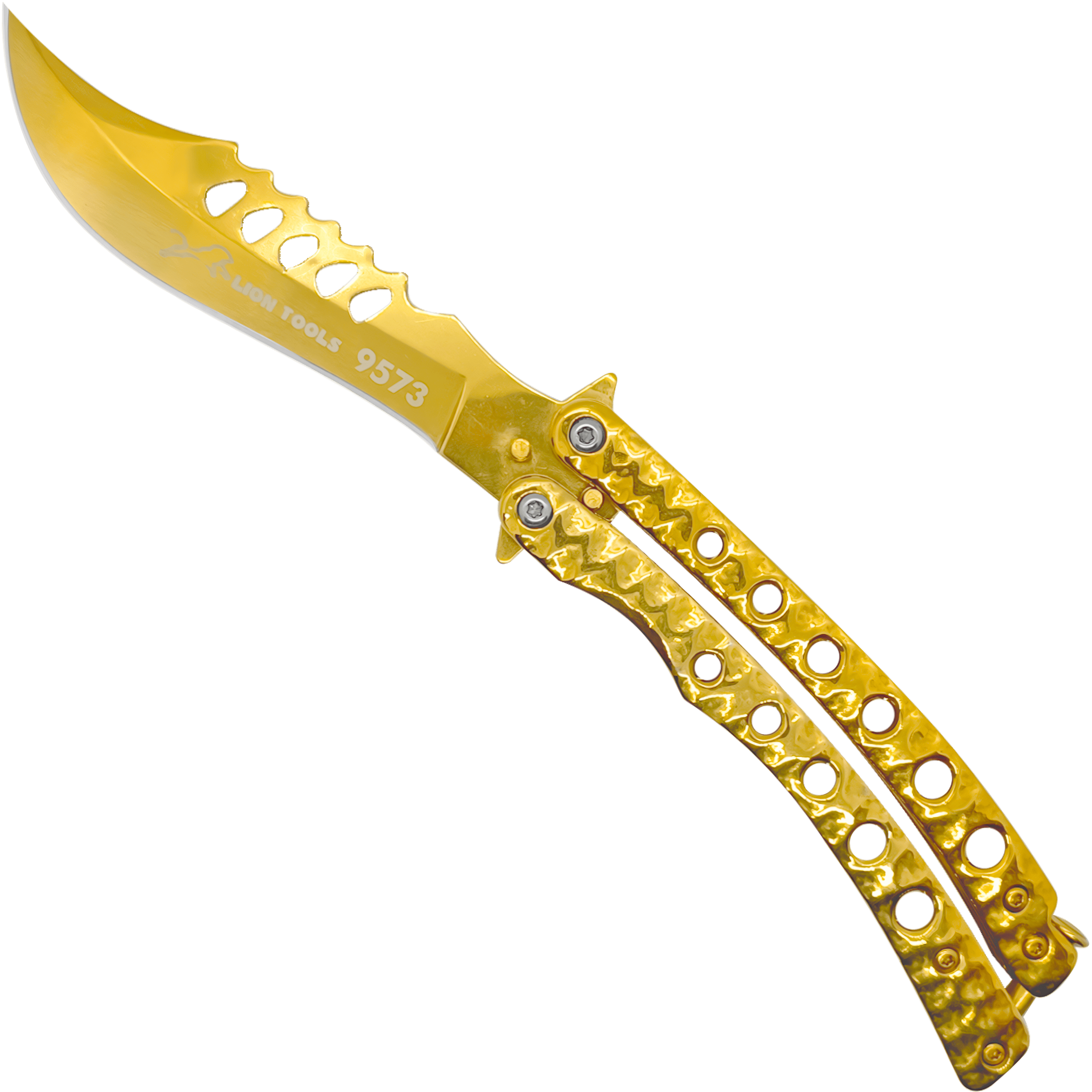 Cuchillo Navaja Mariposa Dorada marca Lion Tools, fabricado en acero inoxidable 420, con hoja afilada de 10 cm, espesor de 3 mm, mango de 13 cm y seguro anti cierre inesperado.