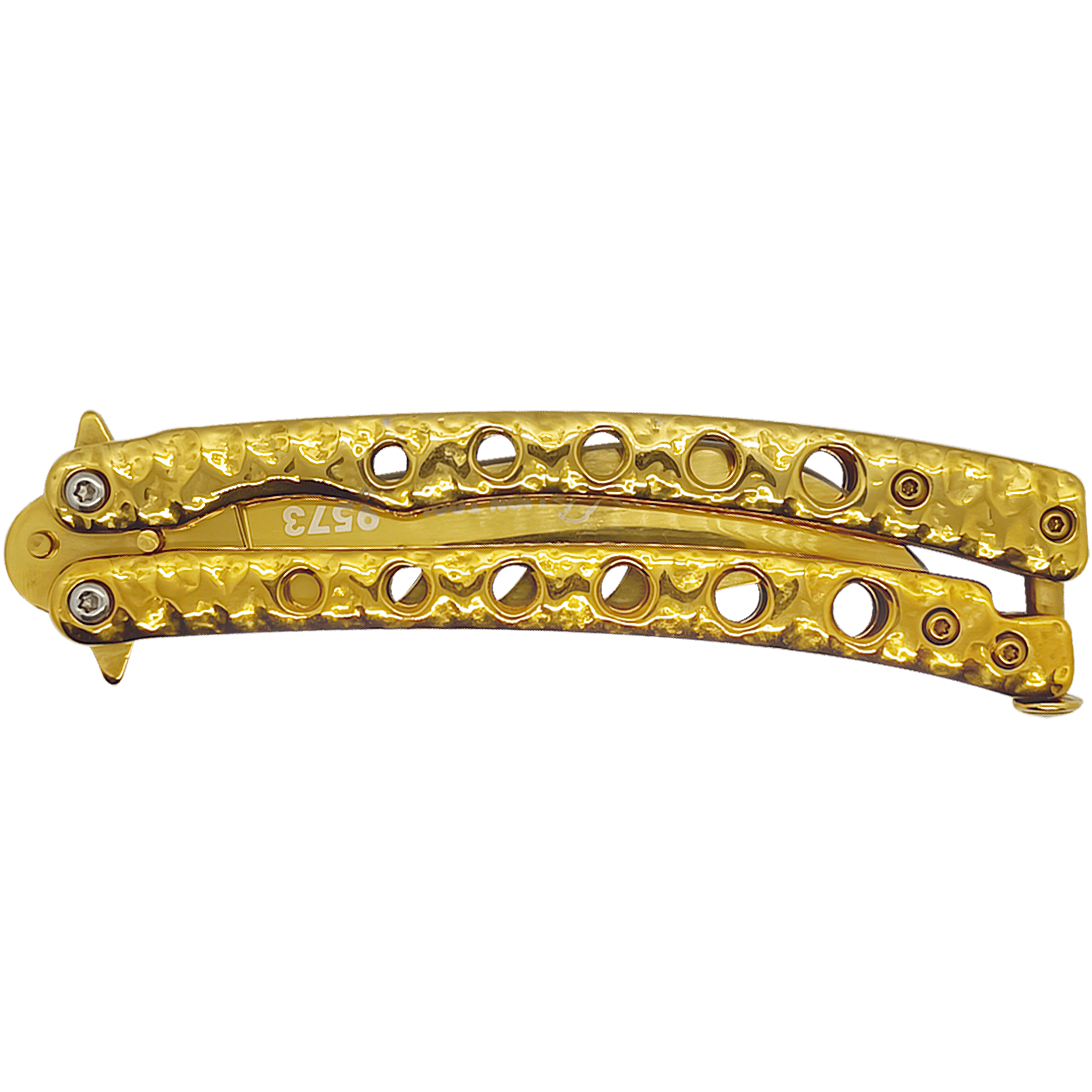 Cuchillo Navaja Mariposa Dorada marca Lion Tools, fabricado en acero inoxidable 420, con hoja afilada de 10 cm, espesor de 3 mm, mango de 13 cm y seguro anti cierre inesperado.