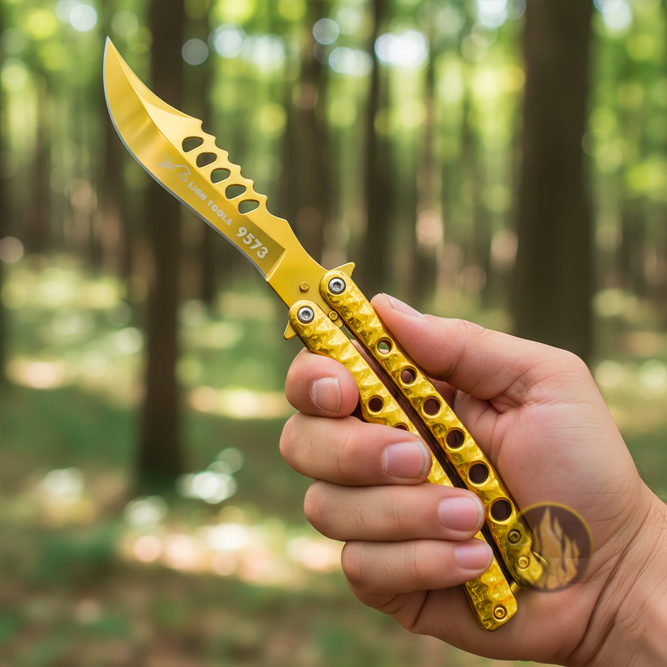 Cuchillo Navaja Mariposa Dorada marca Lion Tools, fabricado en acero inoxidable 420, con hoja afilada de 10 cm, espesor de 3 mm, mango de 13 cm y seguro anti cierre inesperado.