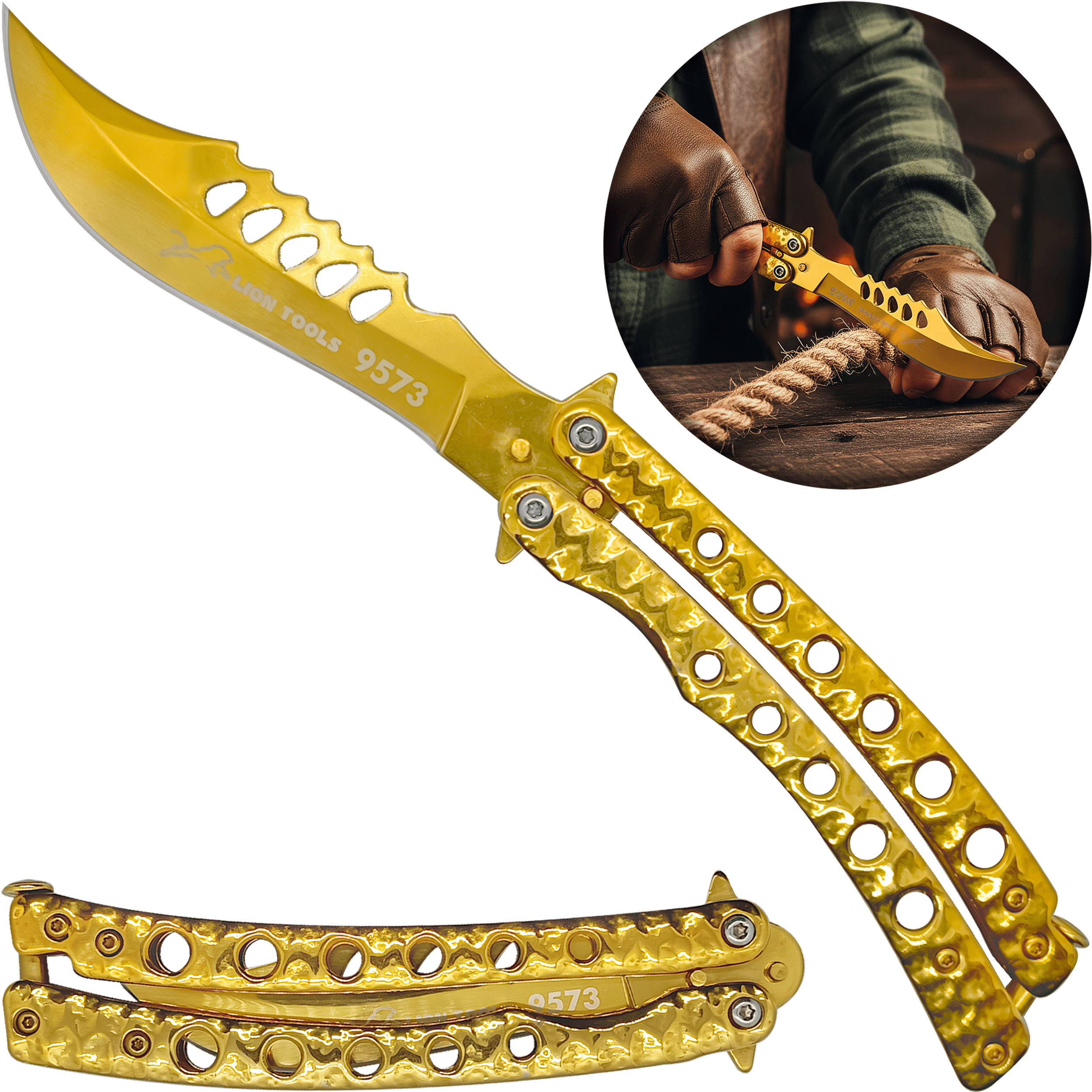 Cuchillo Navaja Mariposa Dorada marca Lion Tools, fabricado en acero inoxidable 420, con hoja afilada de 10 cm, espesor de 3 mm, mango de 13 cm y seguro anti cierre inesperado.