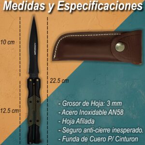 Cuchillo Navaja Mariposa Ninhja Miguel Nieto color negro con hoja de acero inoxidable AN58 de 10 cm, mango metálico, funda de cuero auténtico y seguro de cierre.