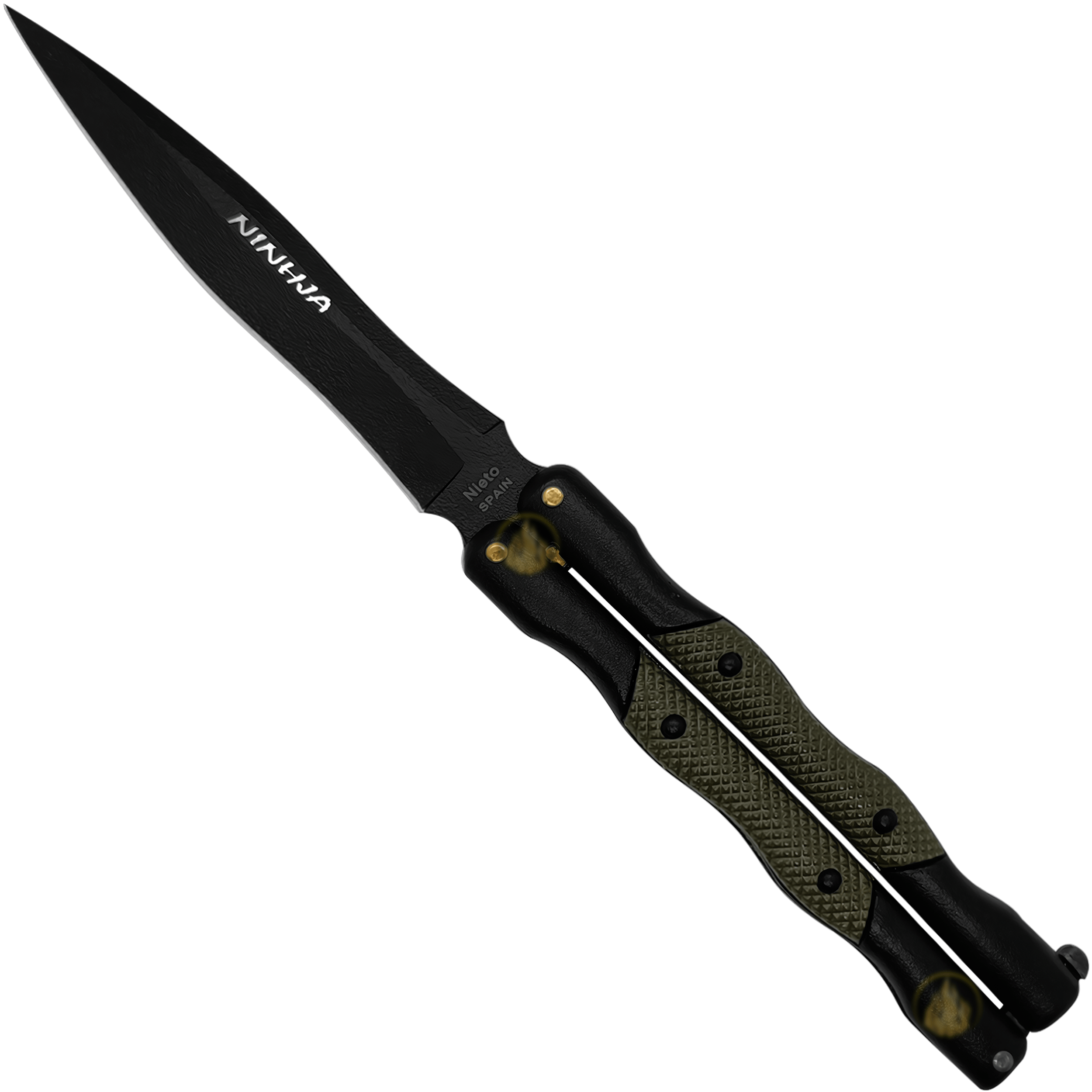 Cuchillo Navaja Mariposa Ninhja Miguel Nieto color negro con hoja de acero inoxidable AN58 de 10 cm, mango metálico, funda de cuero auténtico y seguro de cierre.