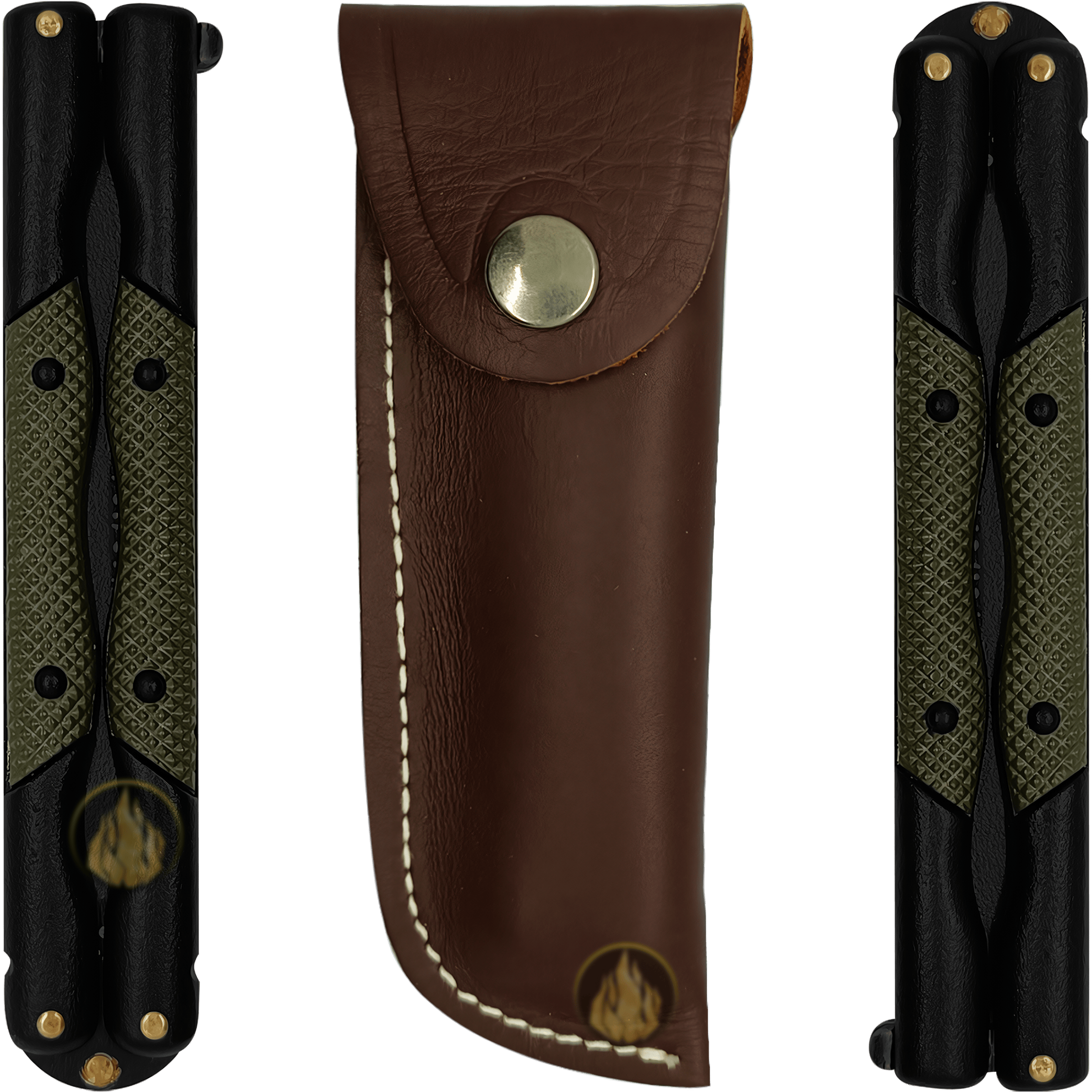 Cuchillo Navaja Mariposa Ninhja Miguel Nieto color negro con hoja de acero inoxidable AN58 de 10 cm, mango metálico, funda de cuero auténtico y seguro de cierre.