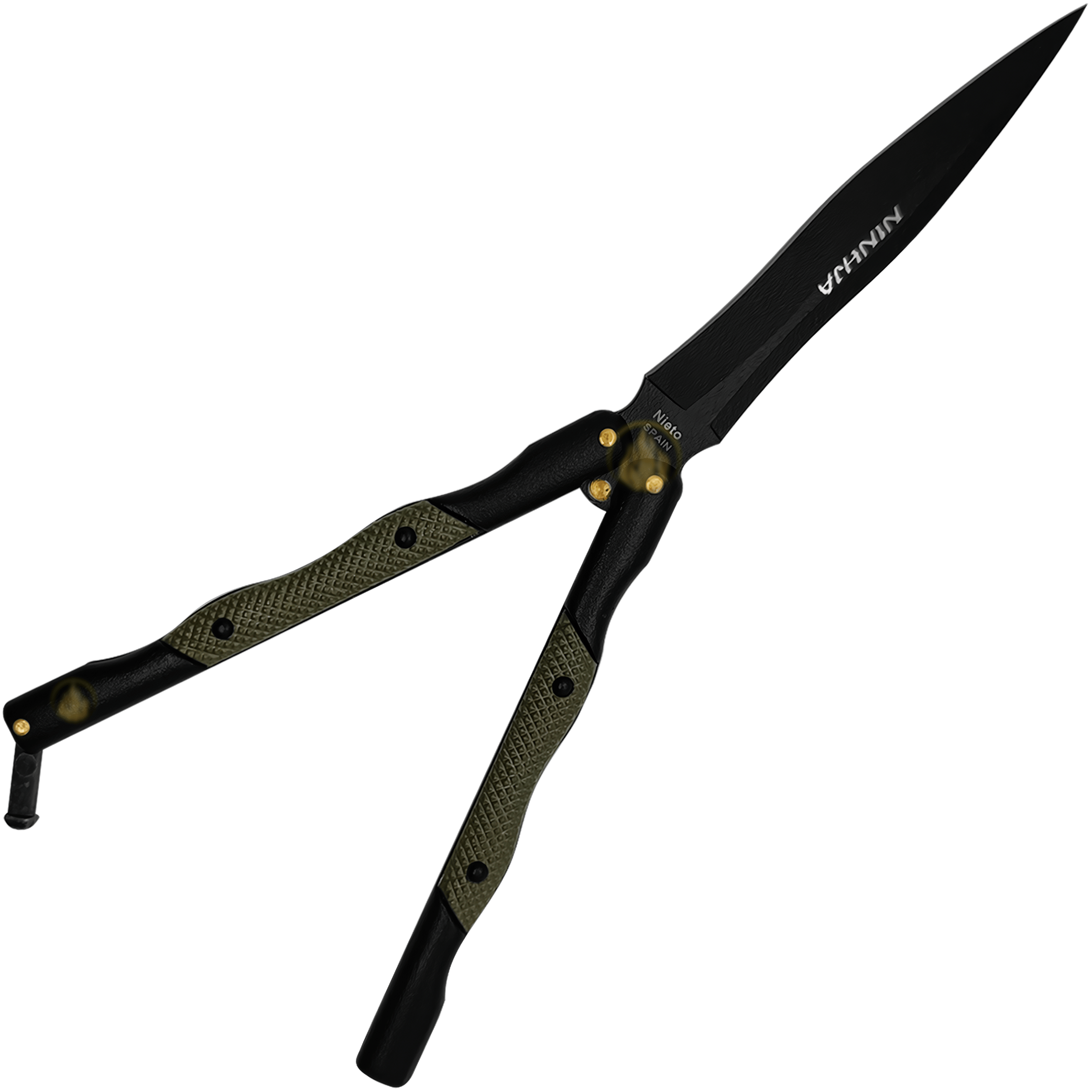 Cuchillo Navaja Mariposa Ninhja Miguel Nieto color negro con hoja de acero inoxidable AN58 de 10 cm, mango metálico, funda de cuero auténtico y seguro de cierre.